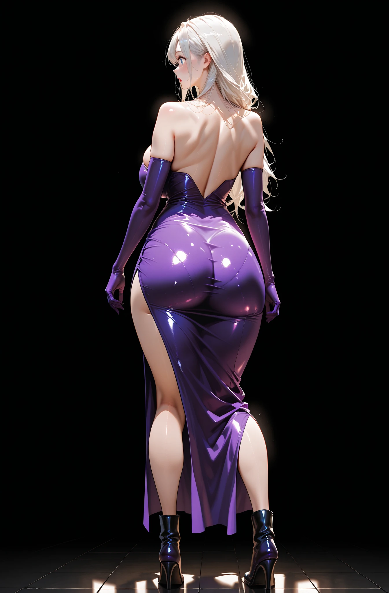 Mei mei (jujutsu kaisen), Beautiful slim  blonde smiling strong woman in purple strapless satin dress and high heels standing in a power pose