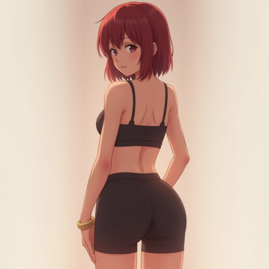 short, redheadwear, big hair that reaches the ass and straight, eyes browns, big-ass, Small breasts, wearing very short shorts and a shirt that reaches the chest.