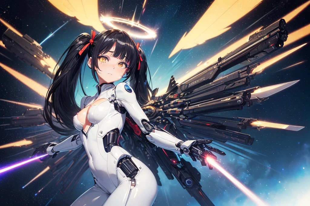 top-quality,Top image quality,masterpiece,neon light,cyber punk:1.2,science fiction,super fin concept art,perfect body,beautiful face,detailed face,detiled texture,1 Mecha Girl, wearing white bikini under armor:1.3),((18year old,white mech arms,mech shoulder,layered energy wings:1.2,mech headgear,mech ears:1.2,mech accesary,holding weapons in both hands:1.1)),black long hair,yellow eyes,large breasts,cleavage,bare navel,pov,Dye cheeks,hiquality,depth of fields,Background or futuristic city,metropolis of future,upper body shot,expressionless,battle pose,seductive smile,cameltoe
