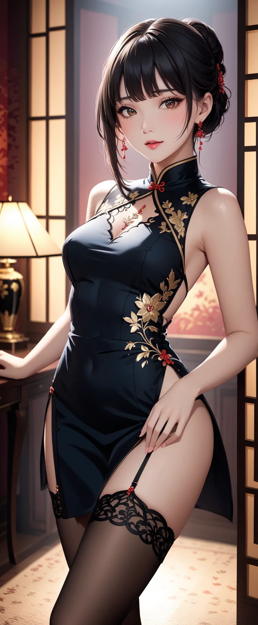 ((((masterpiece, best quality, high resolution)))), Extremely detailed 8K, Beautiful girl with voluptuous body, (Ultra HD, Ultra-detailed, Highly detailed, Highly realistic, Ultra-realistic, photograph realistic), (1girl:1.5), (Realistic black hair), (long silky hair, hair ornaments, earrings), (dynamic poses), facing at camera, looking at viewer, (blushing red, embarrassed, exhausted, smile), (violet eyes, sharp eyes), (big perky breasts:1.2), (wide hips:1.2), (beautiful detailed face, beautiful detailed eyes), ((black translucent sleeveless cheongsam)), (standing up:1.3), sweat, glow, (sunbeam, sunlight), ((cowboy shot)), seductive
