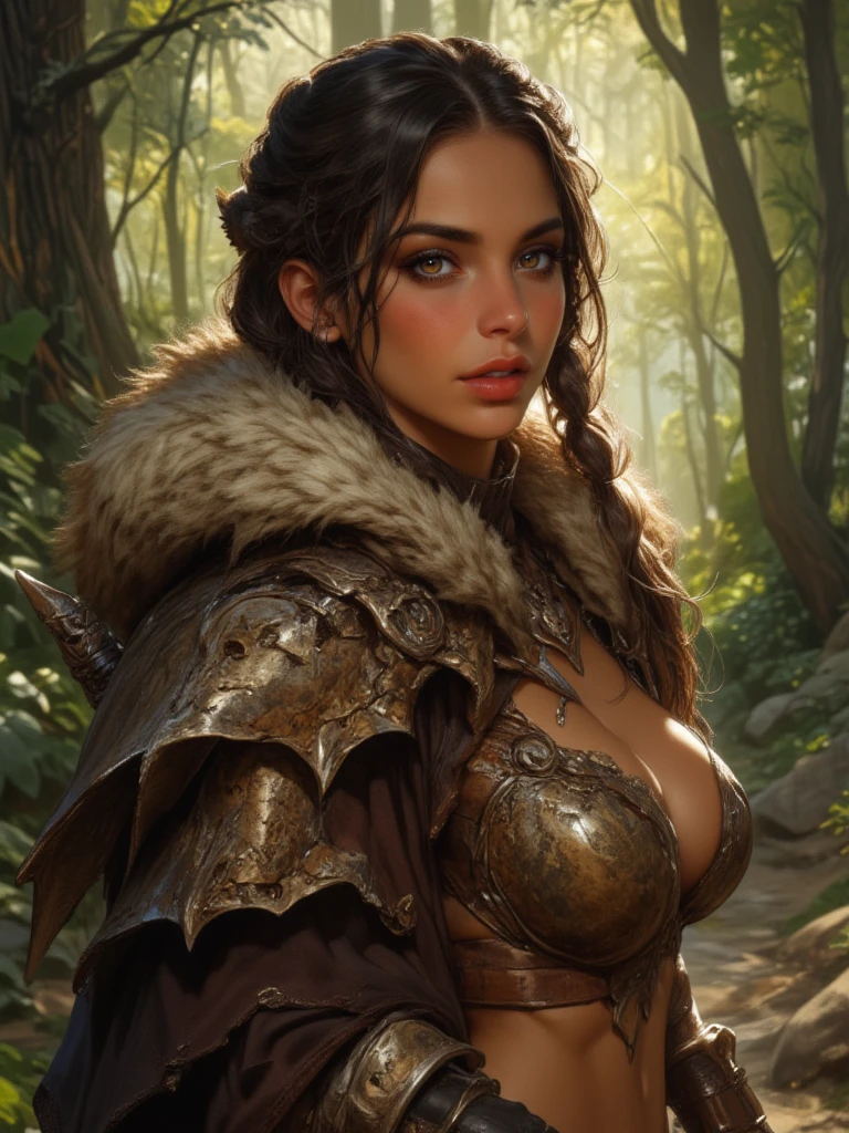 DND character, barbarian, human, women, brown hair long and messy, strong. With a wolf pet