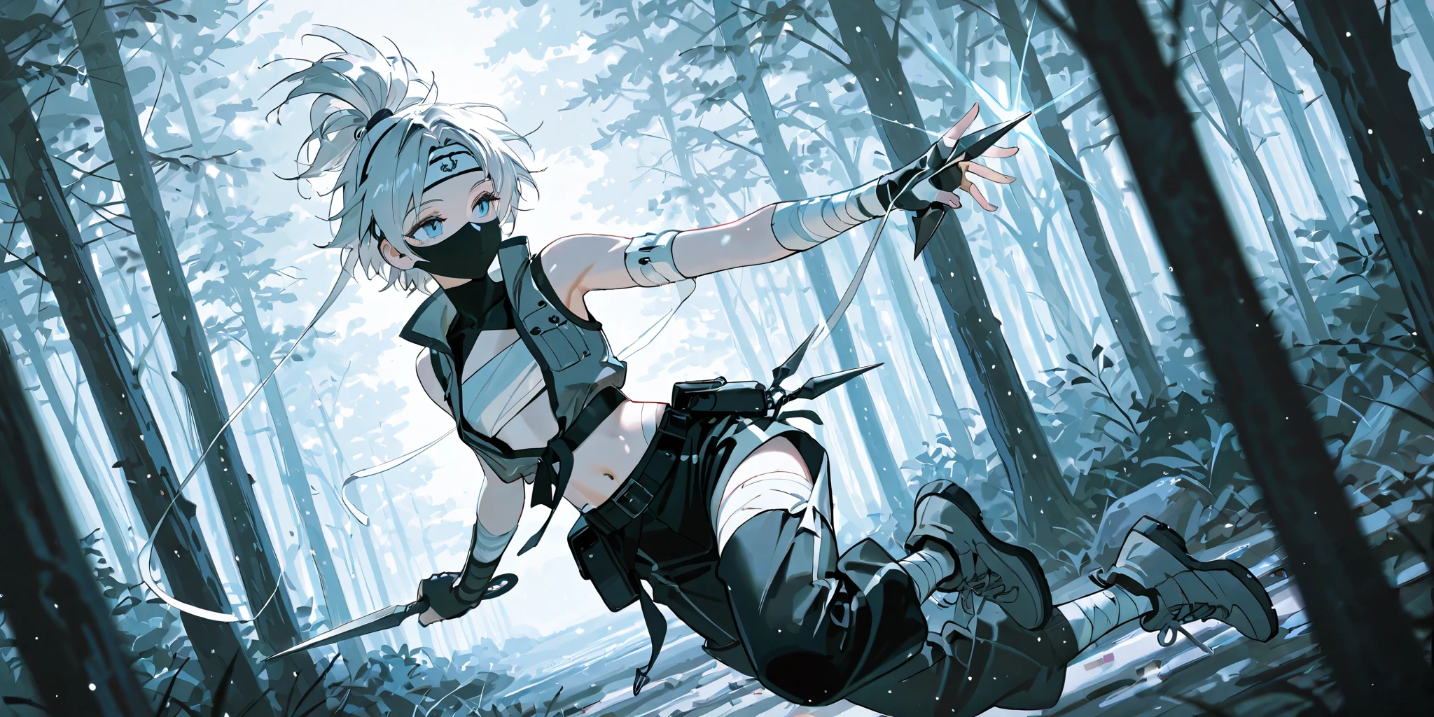core_9, score_8_up , score_7_up , score_6_up , score_5_up , score_4_up , 4K,8k,1woman, Silver Hair,short topknot, Eyes that shine with youthful energy and curiosity, Bandages on both shins, Black Ninja Mask, White sardine on the chest , white bandage on shin, white bandages on both arms,sarouel pants,white bandage on the thigh,Grey shoes,Ninja Style,cerulean blue vest with open front collar,white headband,Exposed chest and stomach,black pouch on the waist,black belt,Kunai in hand , expressionless,forest,