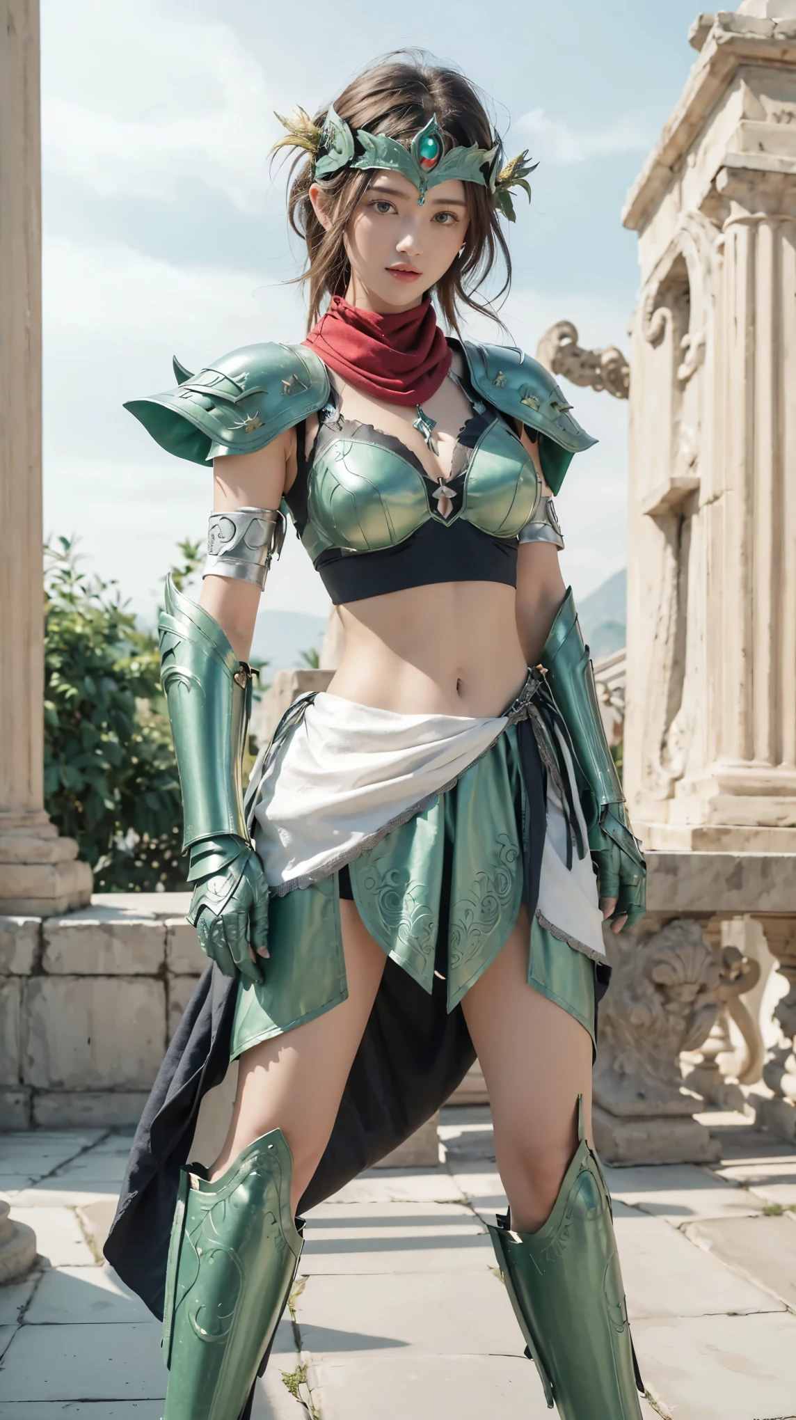 Brunette warrior girl, young girl, petite girl, pretty girl, pretty face, slim body, small breasts, open crotch, gap between thighs, slender legs, standing, front, plate armor, steel breastplate, steel gauntlets, steel gloves, (short green skirt), skirt lifted by the wind, her panties are showing, visible panties, (white panties), you can see her panties, underwear, ((cameltoe)), medieval fantasy, Dungeons and dragons, RPG character, best quality, (masterpiece), 8k