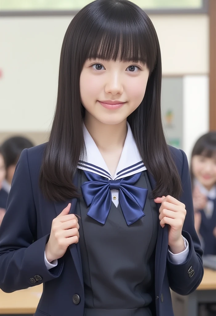 Highly detailed CG Unity 8k wallpaper、Highest quality、Ultra-detailed、masterpiece、Realistic、Photo realistic、2Cute schoolgirls、Japanese girls uniform、Japanese 、20-year-old、(Skirt rip)、((Roll up the skirt yourself))、White panties、Panty Focus、blush、Lips parted、Looking at the audience、Full Body Shot、From below、crowd、classroom