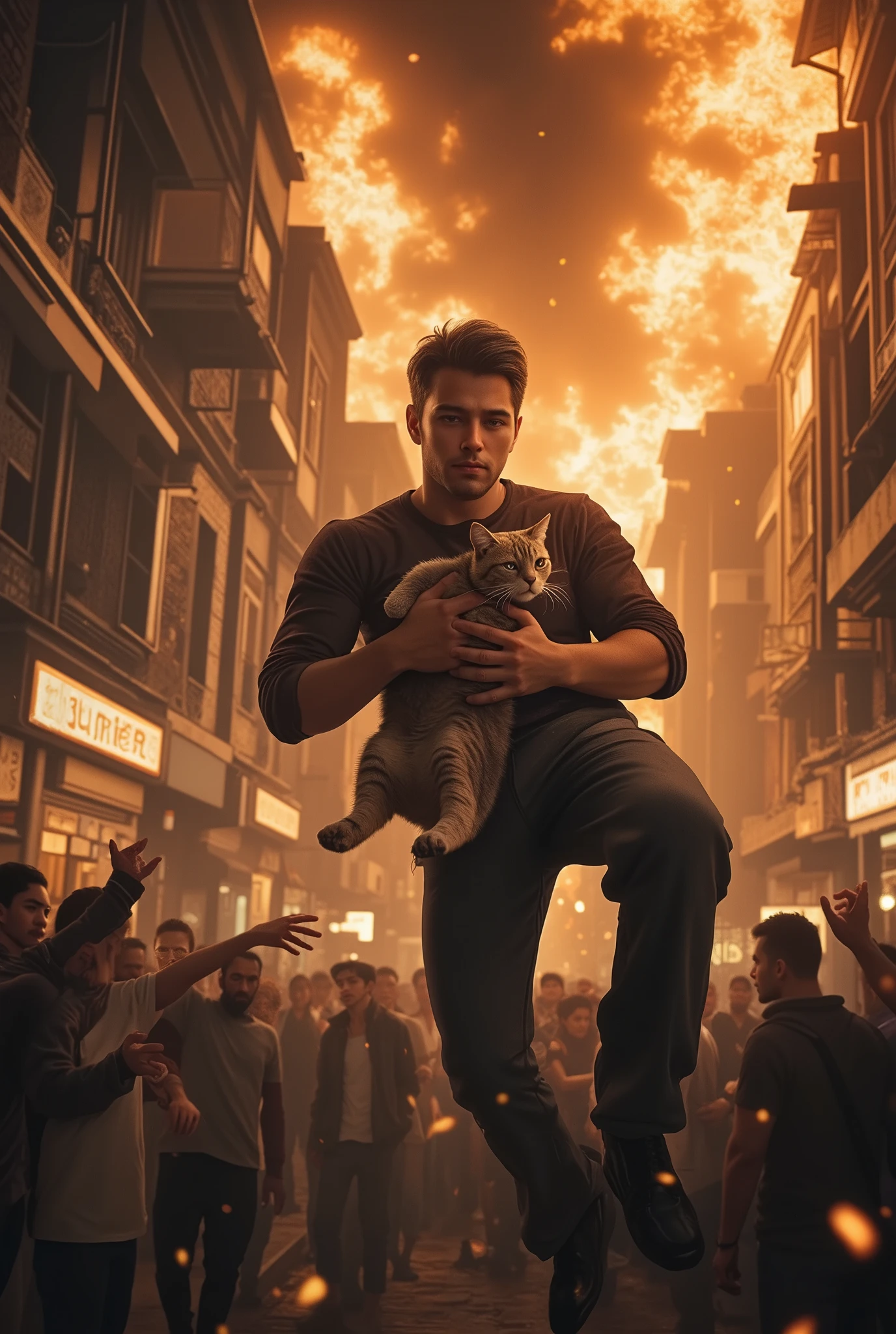 A man holding a cat lands, Hold a cute cat, in front of a high-rise house that is burning, Jumping from the scene of a fire, and、Landing, Street fire scene, he saved her isolated at the scene of the fire, IS A REALISTIC HERO, cheers from surrounding galleries,