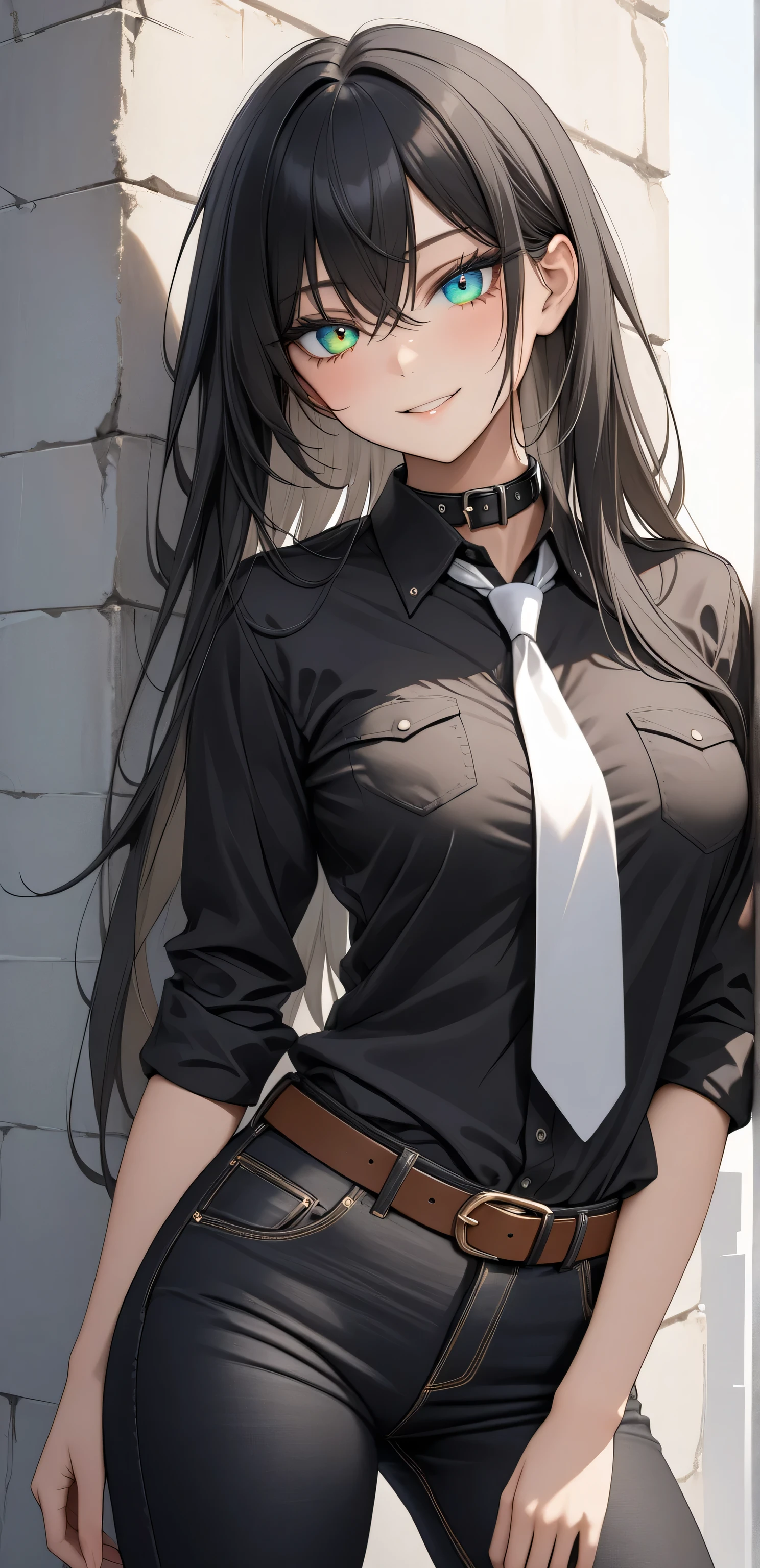 , ((Ultra detailing)), ((very aesthetic, best quality, ultra detailed)), intricate details, 1girl, ((long hair, Black hair, massy hair,)), ((Multi colour eyes)), ((Detailed eyes)), ((Beautifull eyes)), ((prefect eyes)), ((Ultra detailing eyes)) ,Medium breast, sharp jawline, sexy smile,(black Collar shirt, Black jeans pants, belt, White tie),( leaning against the wall)