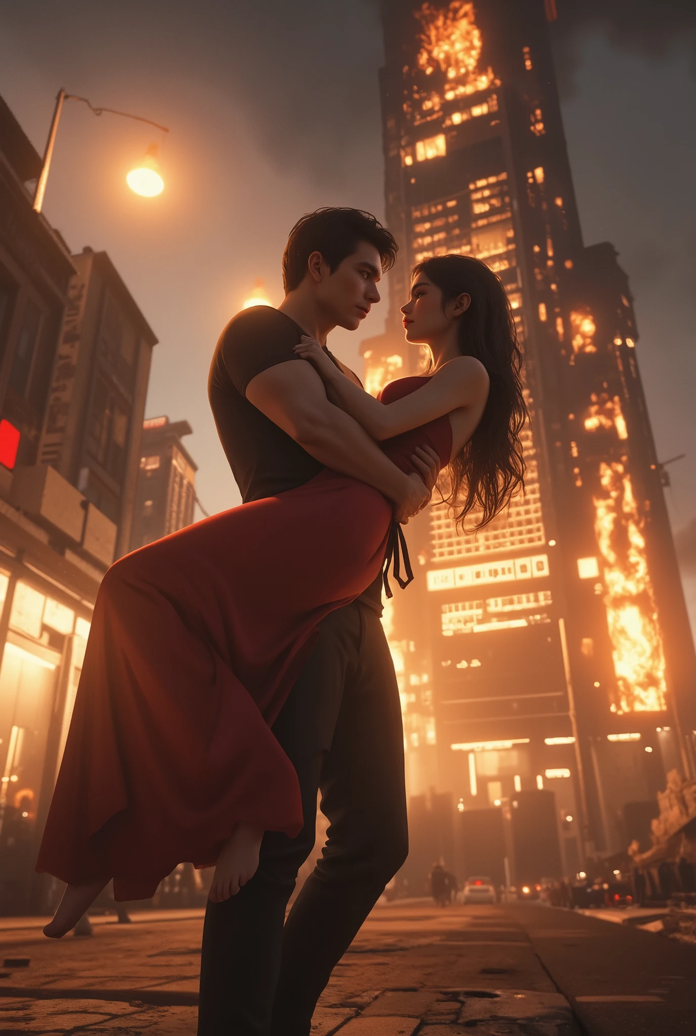 A man holding a beautiful woman lands, Princess hug, in front of a high-rise house that is burning, Street fire scene, he saved her isolated at the scene of the fire, is a realistic hero,