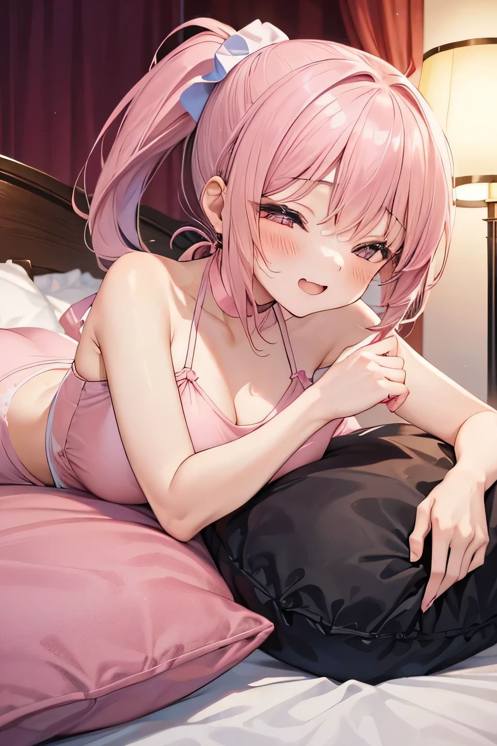 pink hair,Masterpiece, top quality, high resolution, solo, loose hair, small breasts, indoors, misaligned bra, lingerie (range: 1.2), close focus, pantyhose, lying down, top, very_long_hair, bed, shaggy boyshorts, pantyhose, heavy breathing, sexual expression invite, smiling