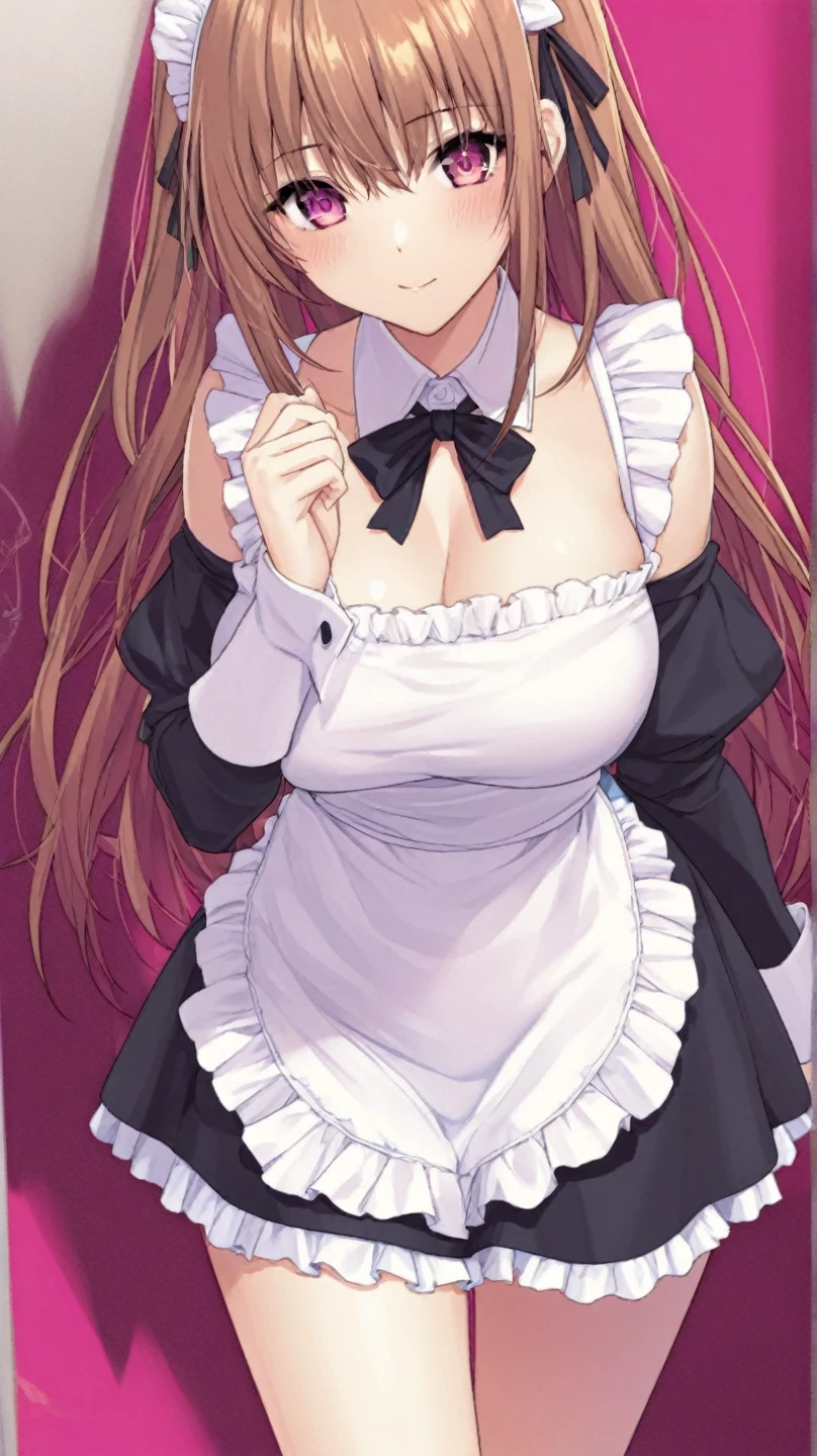 (((lovelive! school idol project,))) (((lovelive!,))) (((Kanata Konoe,))) purple eyes, orange brown hair, long Hair, wavy hair, splash curl hair, 1 girl, long bangs between eyes, ((((gigantic breasts,)))) ((View from below,)) Under the breasts, closed mouth, gleaming skin, glistening skin, oil skin, (((maid dress,))) ((black pantyhose,)) (((wet,))) ((nsfw,))