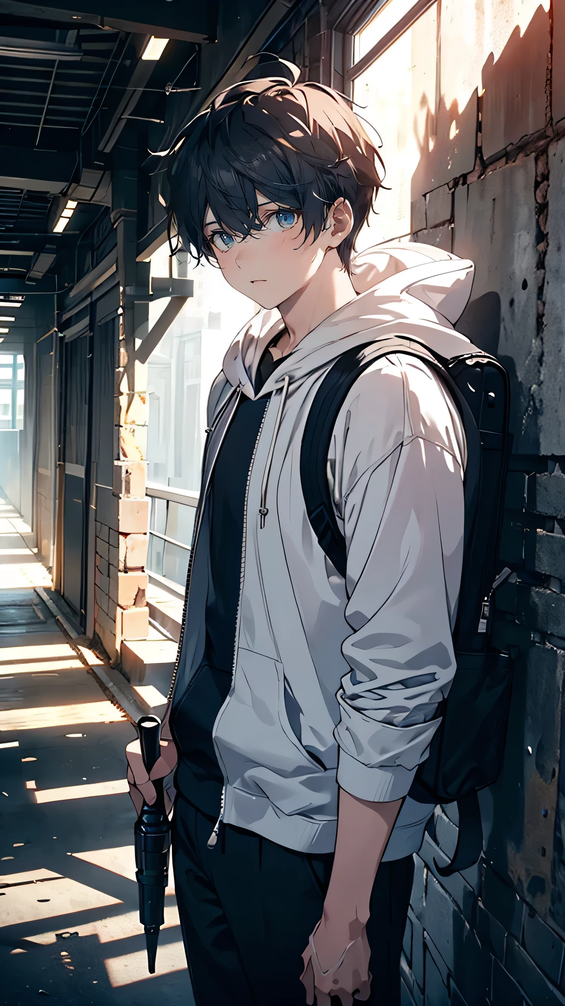 “A young age boy with a serious and determined expression. He has short, slightly messy dark hair, sharp eyes, and a strong jawline. His clothing is slightly worn, with a hoodie and a well-used backpack, indicating a life of responsibility and exploration. He stands in a defensive stance, as if ready to protect those he cares about. In his hand, he holds an old flashlight, casting shadows around him. The atmosphere is dark, with a hint of dread and quiet resilience. Style: Realistic, dark, detailed.”