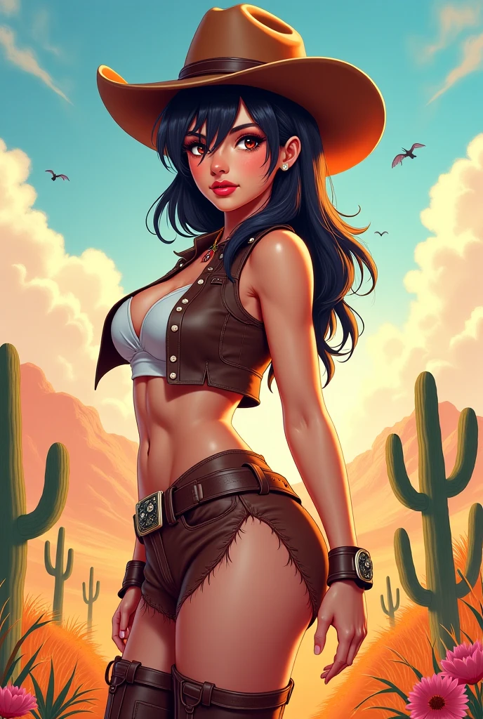 One girl, cowboy_hat, dark_skin, blue_eyes,  western, NSFW, desert, holding a revolver, cowboy_outfit, open shirt, ripped clothes, sweating, dirty,