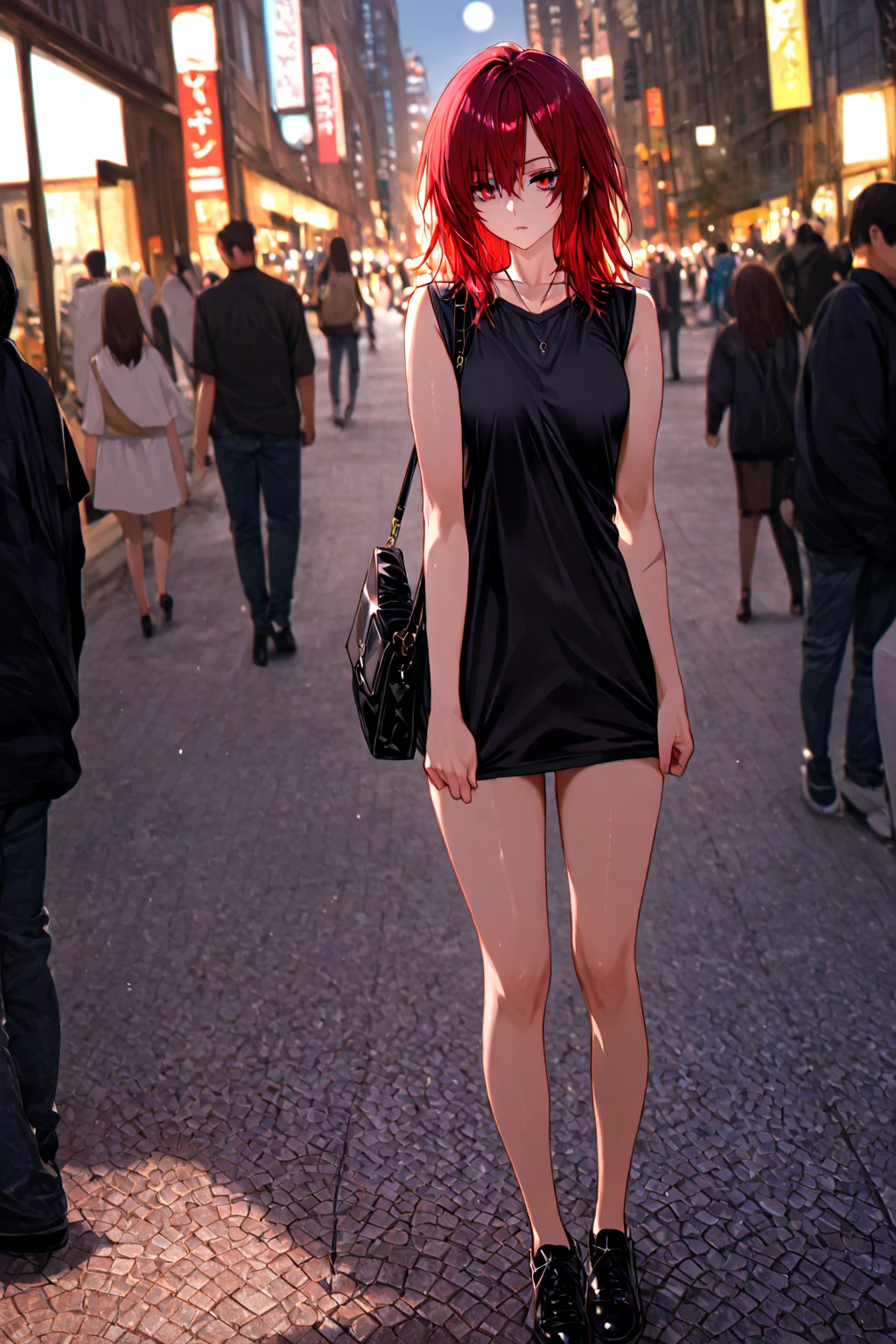 masterpiece, the best quality , good quality, city, depth of field , blurred background, photo background , , red eyes , collect cut , red hair , black necklace, Moon lips under the eye, sleeveless t-shirt , solo focus, light particles , rays of light , shoulder bag , expressionless, looking at the spectator, full body, scar on the eye ,