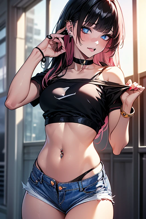 2d, masterpiece, best quality, anime, highly detailed, 1girl, solo, cowboy shot, nakano miku, brown hair, hair between eyes, , headphones, Crop top , cleavage , skirt, miniskirt, medium breasts, standing, , outdoors, smile