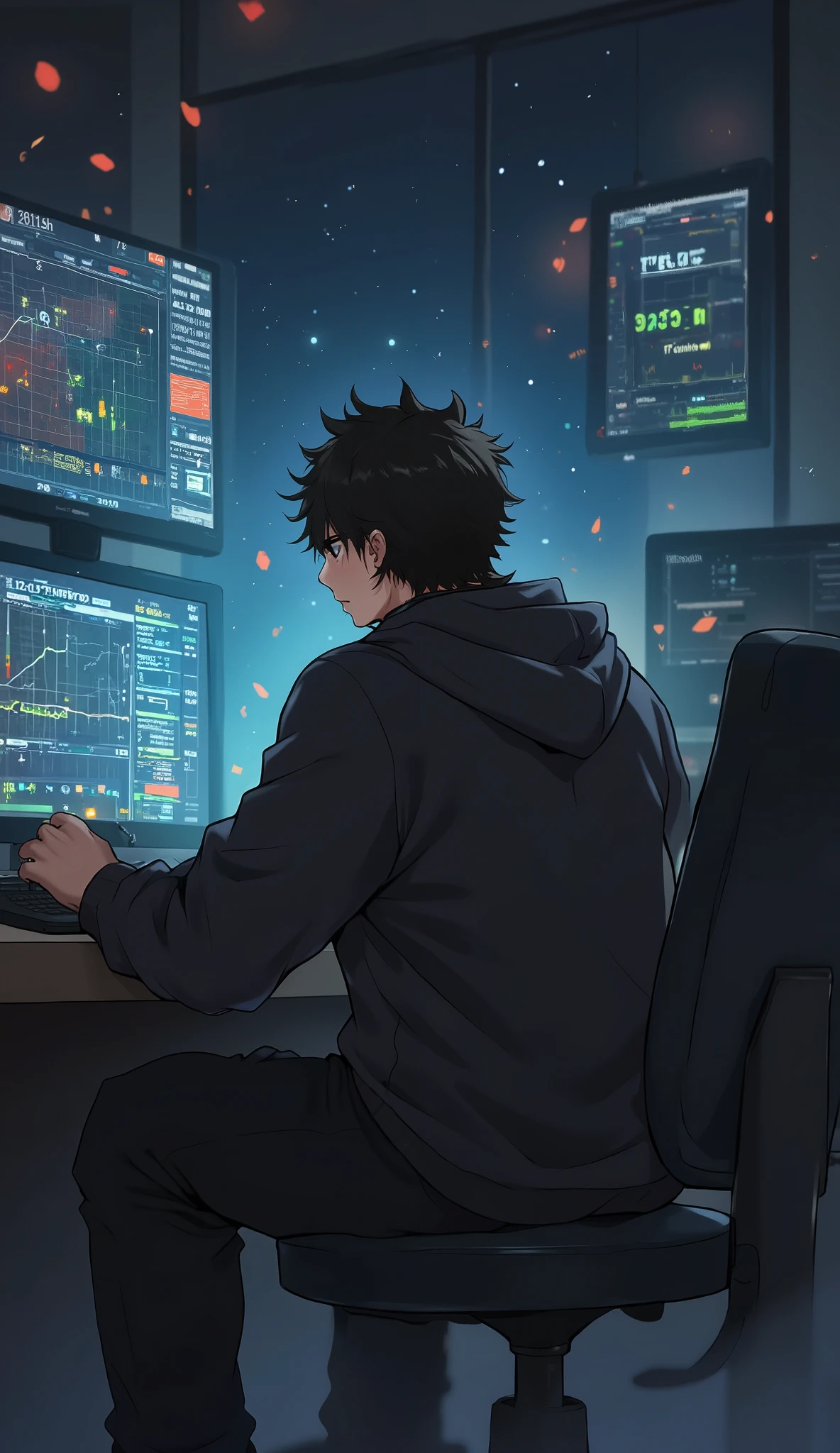 anime, boy, long hair, black hoodie, in the dark room, two computer screens with the stock market price chart on the screen, high-resolution image,