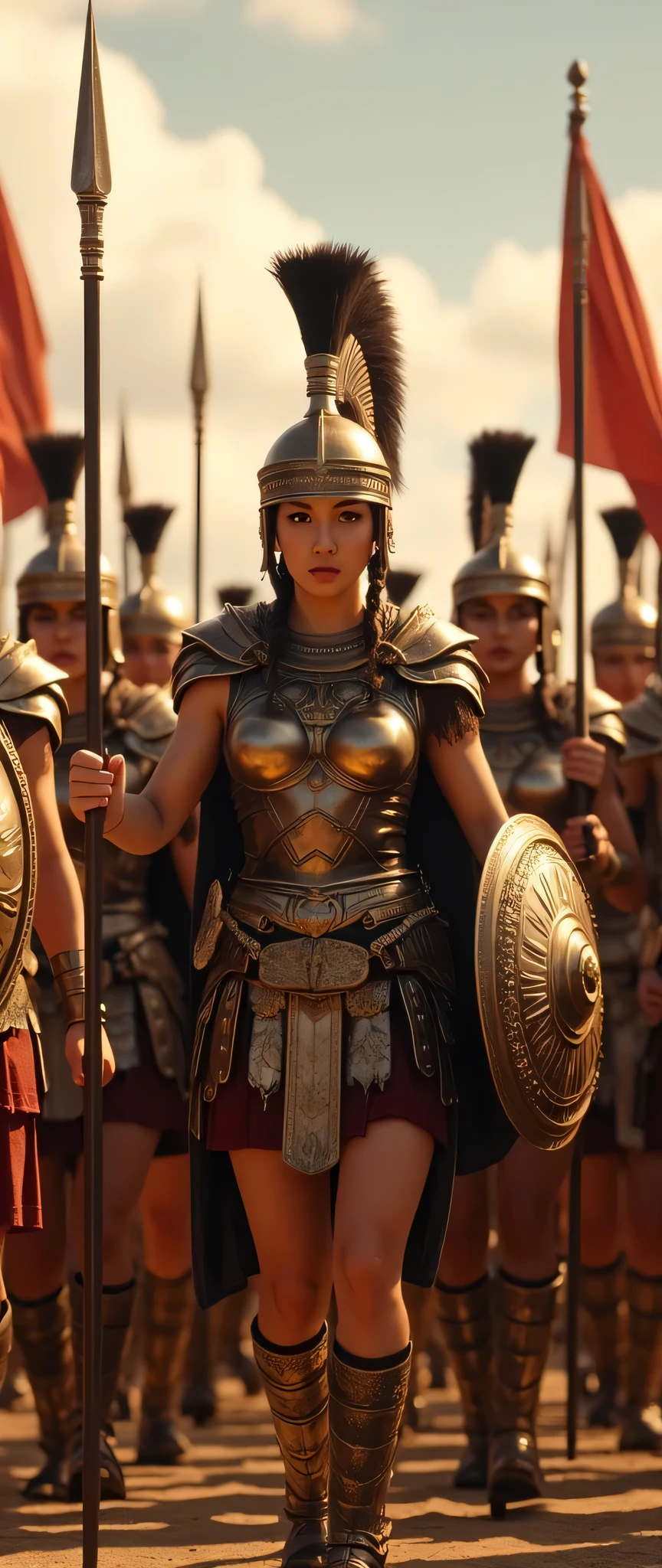 **Prompt:** Create an intricately detailed groups of a Greek female hoplite Spartan unit set in ancient Greece, showcasing hyper-realism and a symmetrical composition. Capture the scene from an ultra-wide angle, immersing the viewer in the vibrant yet harsh atmosphere of a sunlit battlefield. Illustrate the unit of female hoplites, each clad in meticulously designed historical Greek hoplite copper armor, as they march into battle in a tight phalanx formation. Each warrior should wield intricately adorned spears and rounded shields, reflecting their fierce determination. Utilize dynamic leading lines throughout the composition to guide the viewer's eye, enhanced by a rich UHD ambiance and a carefully balanced lighting concept that brings their expressions to life. Focus on accurately portraying the anatomy of the warriors, particularly emphasizing their hands gripping weapons, demonstrating strength and resolve as they charge forward into combat. Zoom out to reveal the entire battle unit in all its glory, ensuring a profound depth of field that amplifies the visual impact. Employ state-of-the-art 3D CGI textures to create a breathtaking piece of art, capturing the spirit of unity and valor within this legendary warrior tribe.