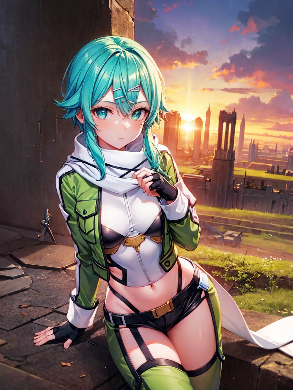 (masterpiece), best quality, expressive eyes, perfect face, highres, sinon1, scarf, fingerless gloves, long sleeves, short shorts,groin, hair ornament, hairclip, green thighhighs, green jacket,covered_nipples, thigh strap, field, sunset_ruins_landscape_background, ruined structures, dynamic_posing, looking at the viewer,,covered_navel,