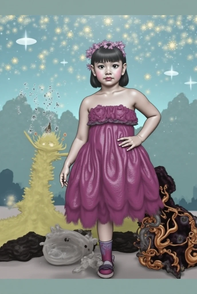 (masterpiece, top quality, best quality, official art, beautiful and aesthetic:1.2), (1maturedgirl), cute, extreme detailed,(fractal art:1.3),colorful, highest detailed, royal, 3 year old princess, crown, flower garden, yellow gown dress