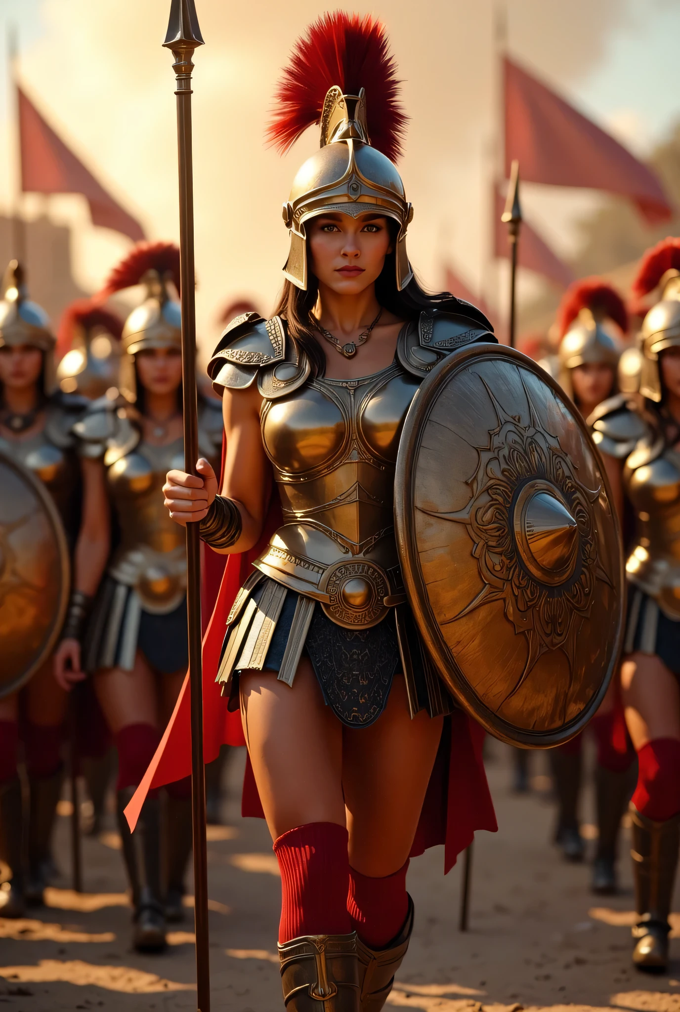 **Prompt:** Create an intricately detailed groups of a Greek female hoplite Spartan unit set in ancient Greece, showcasing hyper-realism and a symmetrical composition. Capture the scene from an ultra-wide angle, immersing the viewer in the vibrant yet harsh atmosphere of a sunlit battlefield. Illustrate the unit of female hoplites, each clad in meticulously designed historical Greek hoplite copper armor, as they march into battle in a tight phalanx formation. Each warrior should wield intricately adorned spears and rounded shields, reflecting their fierce determination. Utilize dynamic leading lines throughout the composition to guide the viewer's eye, enhanced by a rich UHD ambiance and a carefully balanced lighting concept that brings their expressions to life. Focus on accurately portraying the anatomy of the warriors, particularly emphasizing their hands gripping weapons, demonstrating strength and resolve as they charge forward into combat. Zoom out to reveal the entire battle unit in all its glory, ensuring a profound depth of field that amplifies the visual impact. Employ state-of-the-art 3D CGI textures to create a breathtaking piece of art, capturing the spirit of unity and valor within this legendary warrior tribe.