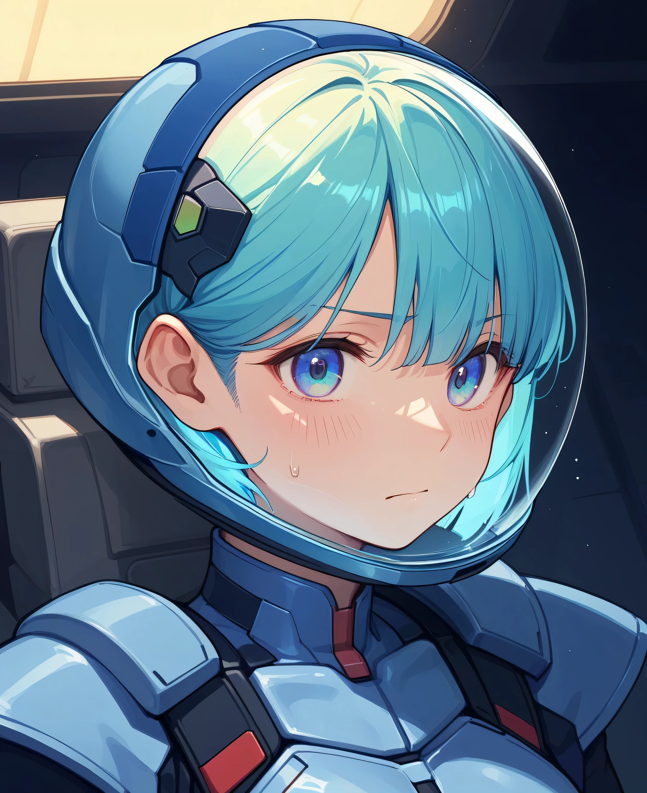((Holographic Glow Effect))、 Gundam Wing Cockpit, Lantern、masterpiece、Highest quality、1 person、medium bust、((Album Cover))、Light on Face、slender body、white and blue pilot suit with enamel finish、 elbow length gloves 、long hard boots 、exoskeleton、Metal Gear、cyberpunk style、Gundam Pilot、attention arousal、 bubble helmet 、 space helmet, muvluv, space helm, eva helm,Transparent face guard,Complex and precise instruments