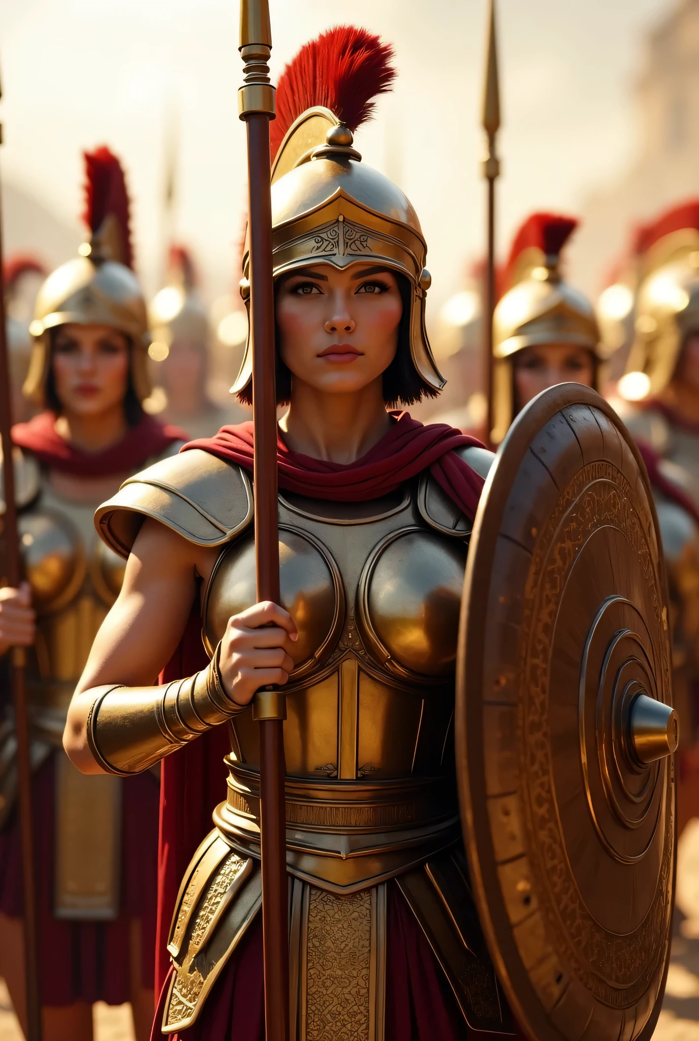 **Prompt:** Create an intricately detailed groups of a Greek female hoplite Spartan unit set in ancient Greece, showcasing hyper-realism and a symmetrical composition. Capture the scene from an ultra-wide angle, immersing the viewer in the vibrant yet harsh atmosphere of a sunlit battlefield. Illustrate the unit of female hoplites, each clad in meticulously designed historical Greek hoplite copper armor, as they march into battle in a tight phalanx formation. Each warrior should wield intricately adorned spears and rounded shields, reflecting their fierce determination. Utilize dynamic leading lines throughout the composition to guide the viewer's eye, enhanced by a rich UHD ambiance and a carefully balanced lighting concept that brings their expressions to life. Focus on accurately portraying the anatomy of the warriors, particularly emphasizing their hands gripping weapons, demonstrating strength and resolve as they charge forward into combat. Zoom out to reveal the entire battle unit in all its glory, ensuring a profound depth of field that amplifies the visual impact. Employ state-of-the-art 3D CGI textures to create a breathtaking piece of art, capturing the spirit of unity and valor within this legendary warrior tribe.