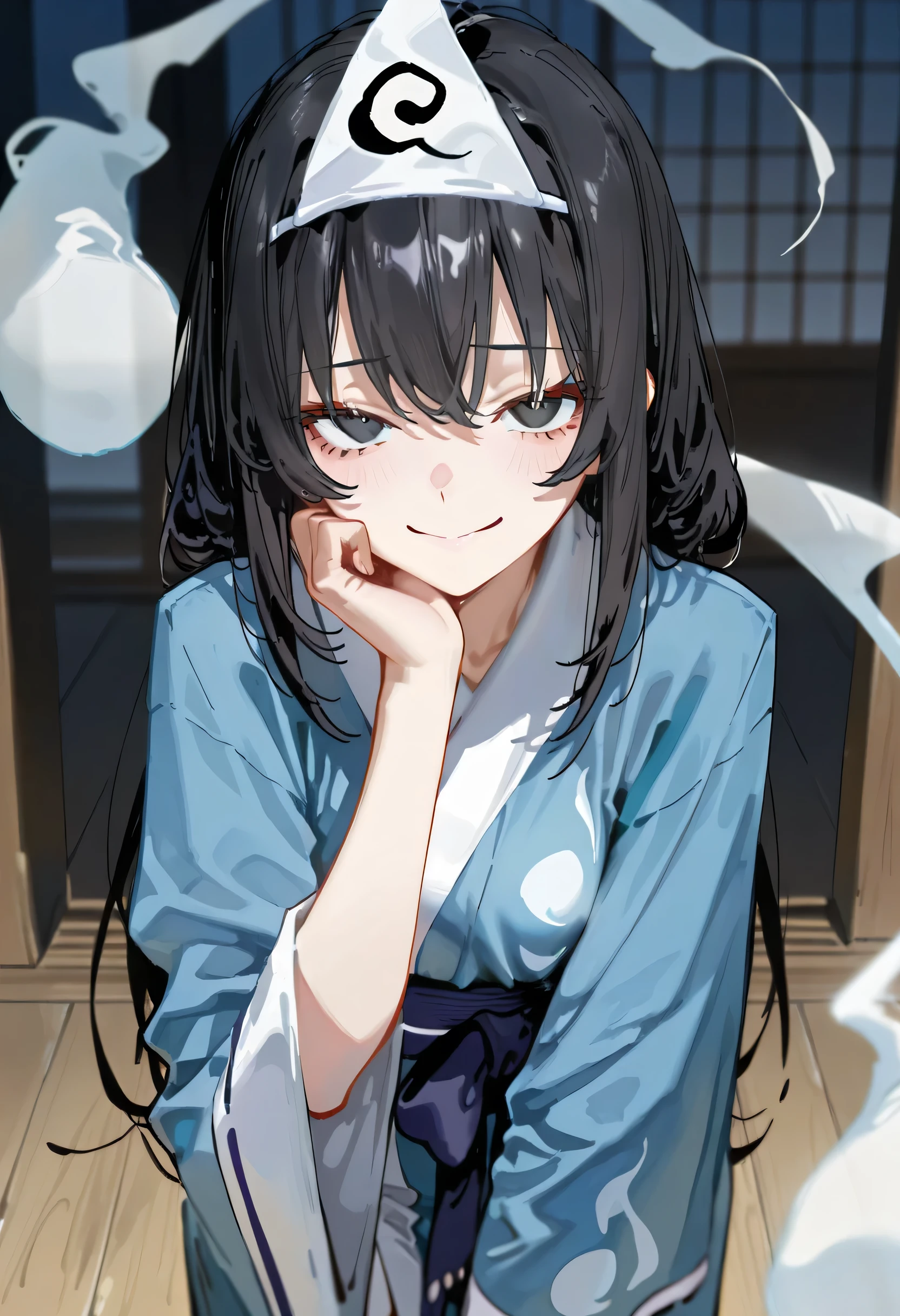 aruhshura, masterpiece, best quality, amazing quality, anime screencap, solo, triangular headpiece, japanese clothes, Japanese ghost Girl, black hair, long hair, grinning