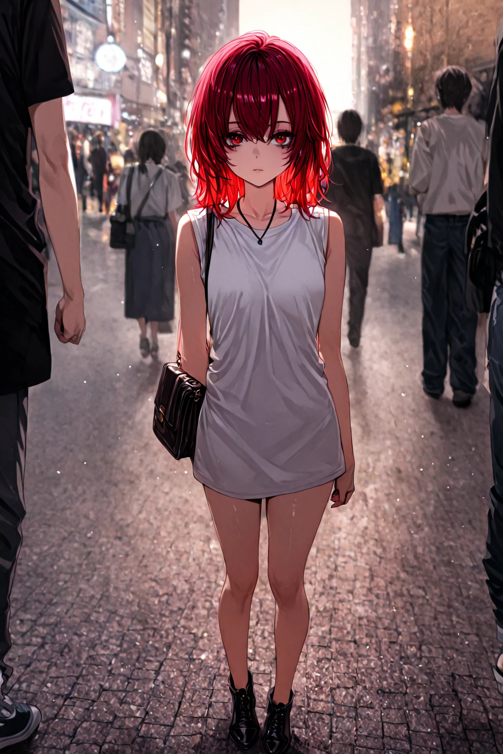 masterpiece, the best quality , good quality, city, depth of field , blurred background, photo background , , red eyes , collect cut , red hair , black necklace, Moon lips under the eye, sleeveless t-shirt , solo focus, light particles , rays of light , shoulder bag , expressionless, looking at the spectator, full body, scar on the eye ,