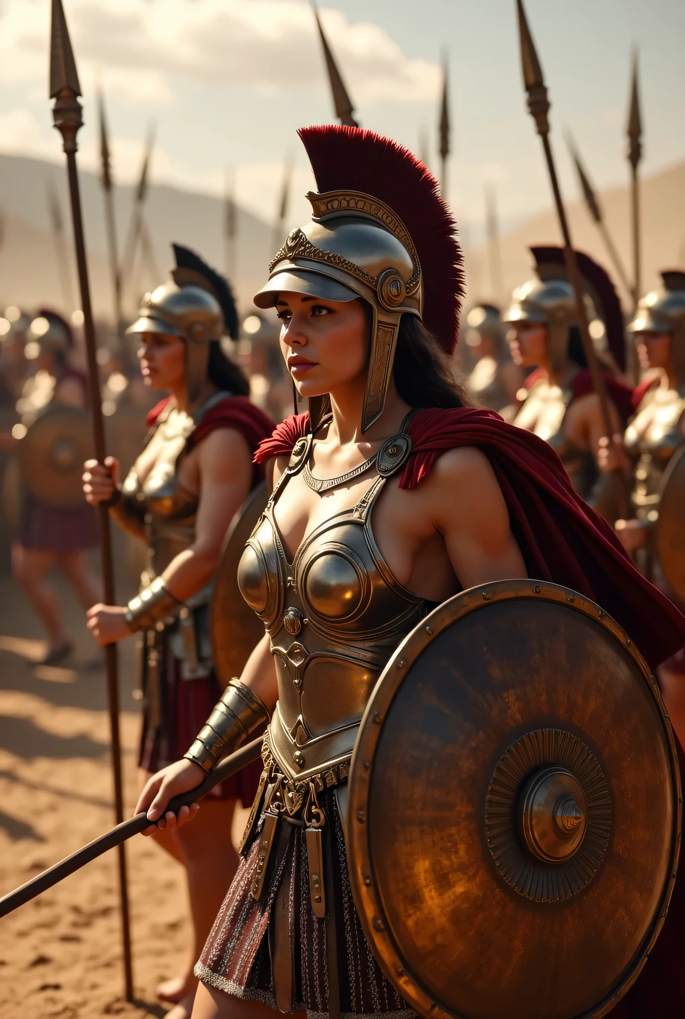 **Prompt:** Create an intricately detailed groups of a Greek female hoplite Spartan unit set in ancient Greece, showcasing hyper-realism and a symmetrical composition. Capture the scene from an ultra-wide angle, immersing the viewer in the vibrant yet harsh atmosphere of a sunlit battlefield. Illustrate the unit of female hoplites, each clad in meticulously designed historical Greek hoplite copper armor, as they march into battle in a tight phalanx formation. Each warrior should wield intricately adorned spears and rounded shields, reflecting their fierce determination. Utilize dynamic leading lines throughout the composition to guide the viewer's eye, enhanced by a rich UHD ambiance and a carefully balanced lighting concept that brings their expressions to life. Focus on accurately portraying the anatomy of the warriors, particularly emphasizing their hands gripping weapons, demonstrating strength and resolve as they charge forward into combat. Zoom out to reveal the entire battle unit in all its glory, ensuring a profound depth of field that amplifies the visual impact. Employ state-of-the-art 3D CGI textures to create a breathtaking piece of art, capturing the spirit of unity and valor within this legendary warrior tribe.
