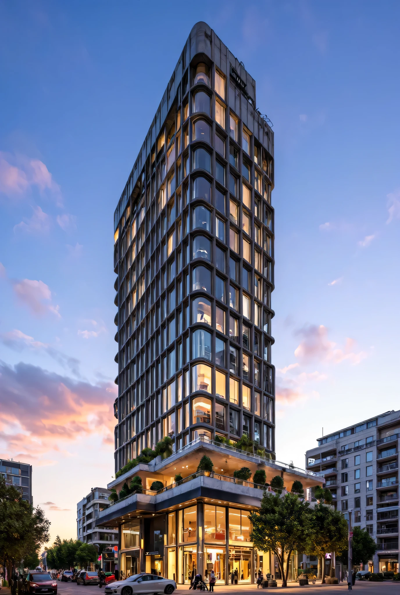 A luxurious modern hotel with a 3-story podium base and a 10-story high-rise tower above. The podium features large glass facades, warm ambient lighting, and an elegant entrance with a grand lobby. The high-rise section has a sleek contemporary design with floor-to-ceiling windows, vertical green walls, and balconies with panoramic city views. The rooftop includes an infinity pool and a sky bar, overlooking a vibrant urban skyline at sunset. The surrounding area is lively, with palm trees, stylish outdoor seating, and luxury cars at the entrance. Architectural style: modern, sophisticated, high-end hospitality design.