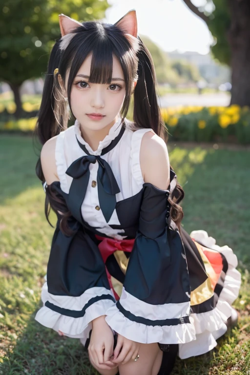 （8K、Raw photography、Highest quality、masterpiece：1.2),(Black Hair、Dark Eyes:1.9),(:1.6)、View your audience,Viewed from the front,White skin,(Twin tails:1.3)、(Tight waist:1.6)、(Clothes that accentuate the shape of the breasts:1.0)、(Big Breasts :1.3)、Slim figure、Ultra-high resolution,beautiful,beautiful fece,(One person、No background:1.9),whole bodyボディー,Japanese women,（reality的：1.37）、Photon Mapping,reality、(Baby-faced and cute: 1.4)、(Cute Smile: 1.8)、(Round face: 1.8)、Radio City、Physically Based Rendering、Depth of field rally background、photograph, (I can see your knees、Thigh close-up:1.8),（:1.6）,whole body、Great quality