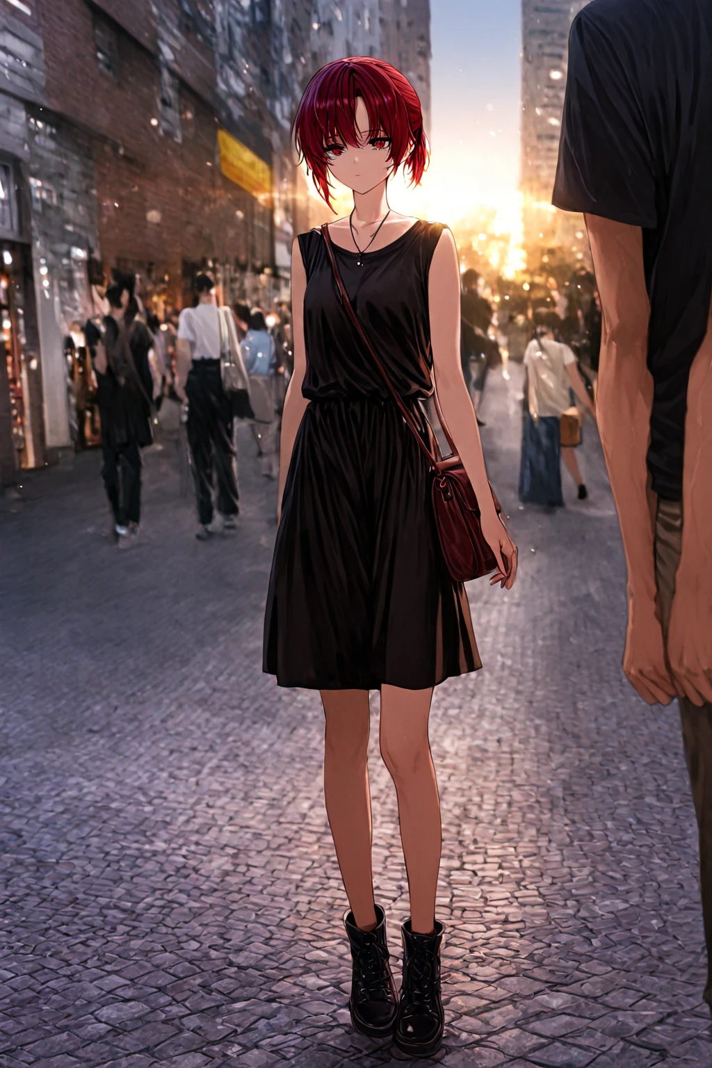masterpiece, the best quality , good quality, city, depth of field , blurred background, photo background , , eyes red , short ponytail , red hair , black necklace, mole under eye, sleeveless t-shirt , solo focus, light particles , rays of light , shoulder bag , expressionless, looking at the spectator, full body, Scar on the eye,