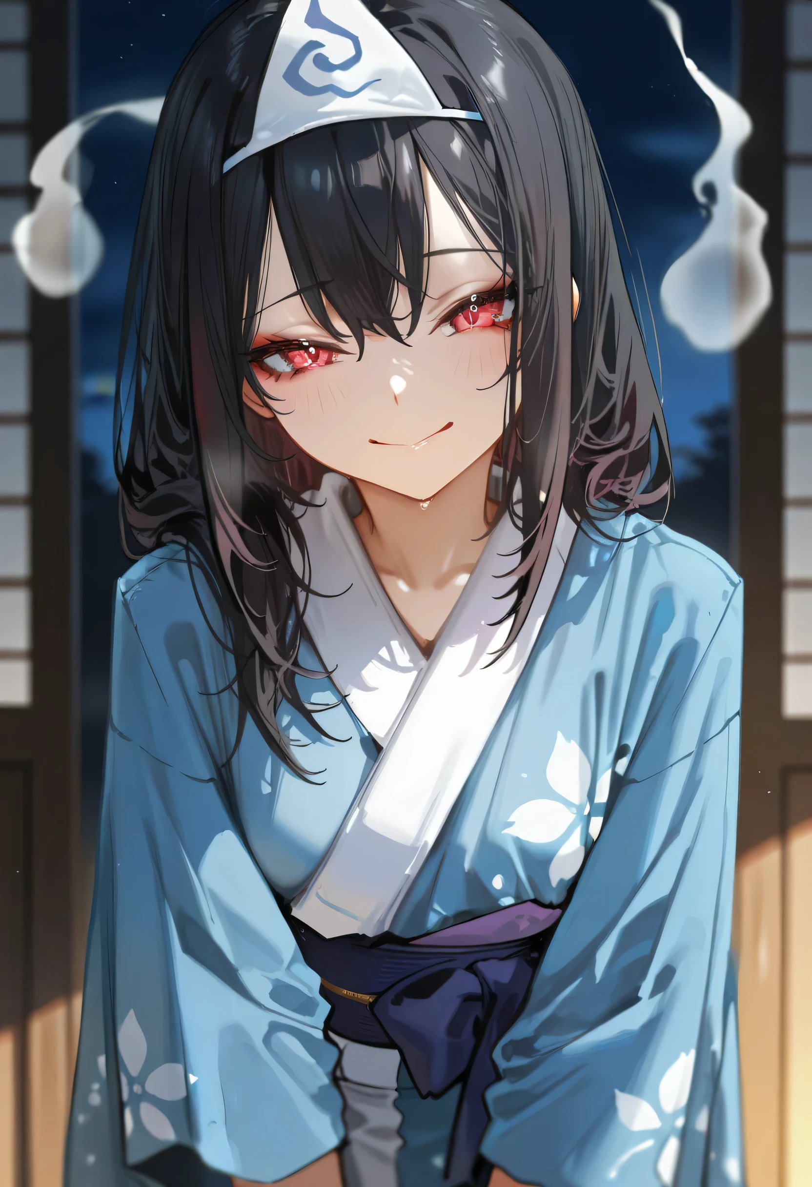 aruhshura, masterpiece, best quality, amazing quality, anime screencap, solo, triangular headpiece, japanese clothes, Japanese ghost Girl, black hair, long hair, grinning