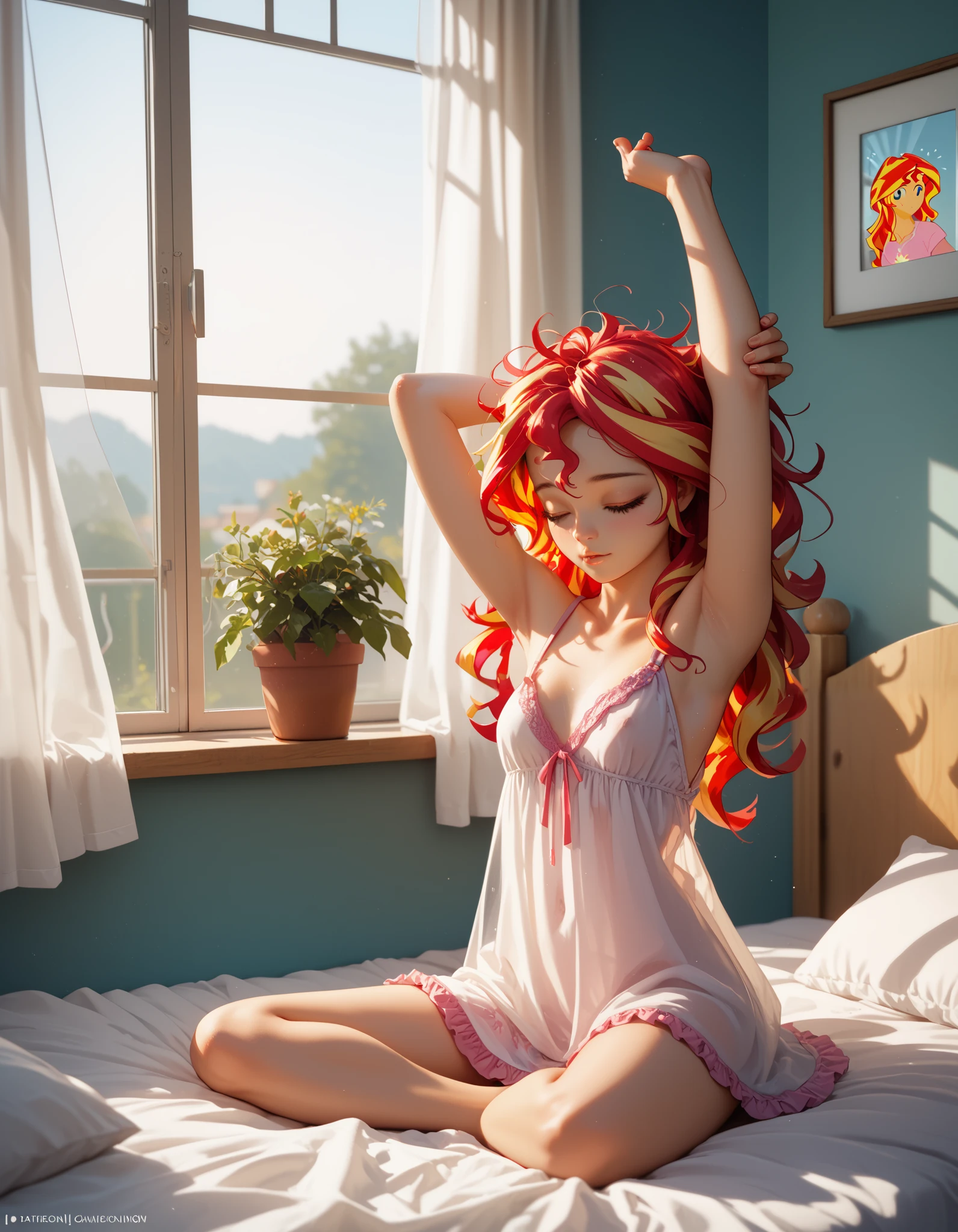 Sunset shimmer, wavy hair, messy hair, waking up, sitting up in bed, messy bed, stretching arms over her head, wearing a loose nightgown, small breasts, cute, morning sun shining through window, bright, optimistic, dawn, very detailed, masterpiece, high quality, bright colors