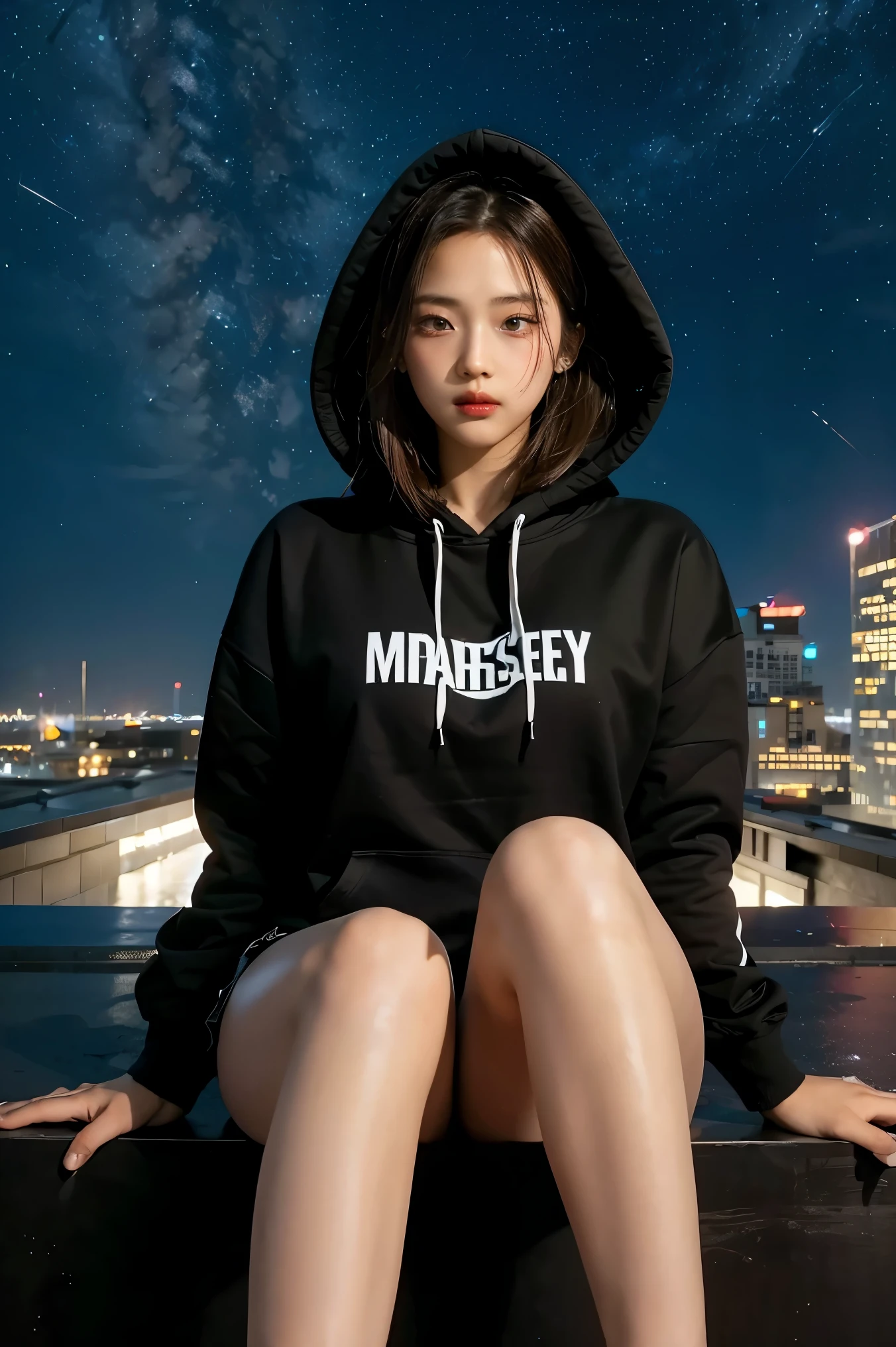 1girl,highres, high quality, masterpiece,black hoodie, white short, rooftop with city light in the background, starry night,