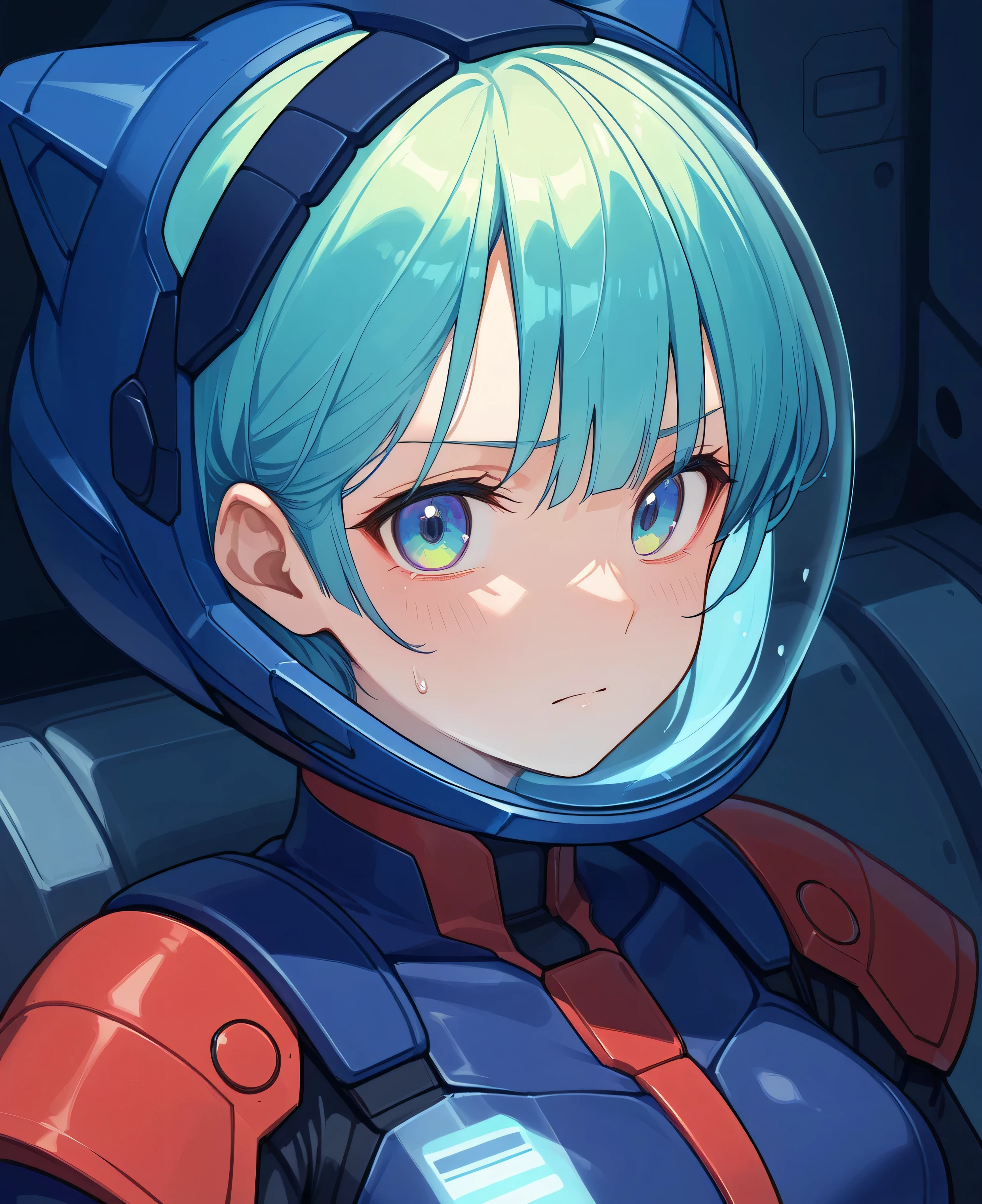 ((Holographic Glow Effect))、 Gundam Wing Cockpit, Lantern、masterpiece、Highest quality、1 person、medium bust、((Album Cover))、Light on Face、slender body、white and blue pilot suit with enamel finish、 elbow length gloves 、long hard boots 、exoskeleton、Metal Gear、cyberpunk style、Gundam Pilot、attention arousal、 bubble helmet 、 space helmet, muvluv, space helm, eva helm,Transparent face guard,Complex and precise instruments
