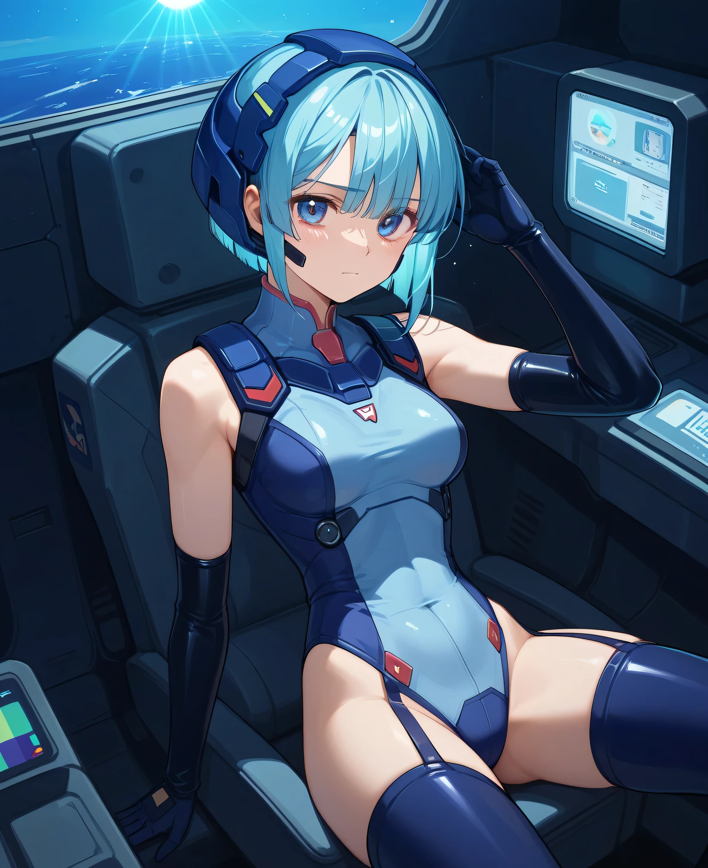 Girl, blue hair, big breasts, white transparent one-piece swimsuit, do the ground, split legs, shy