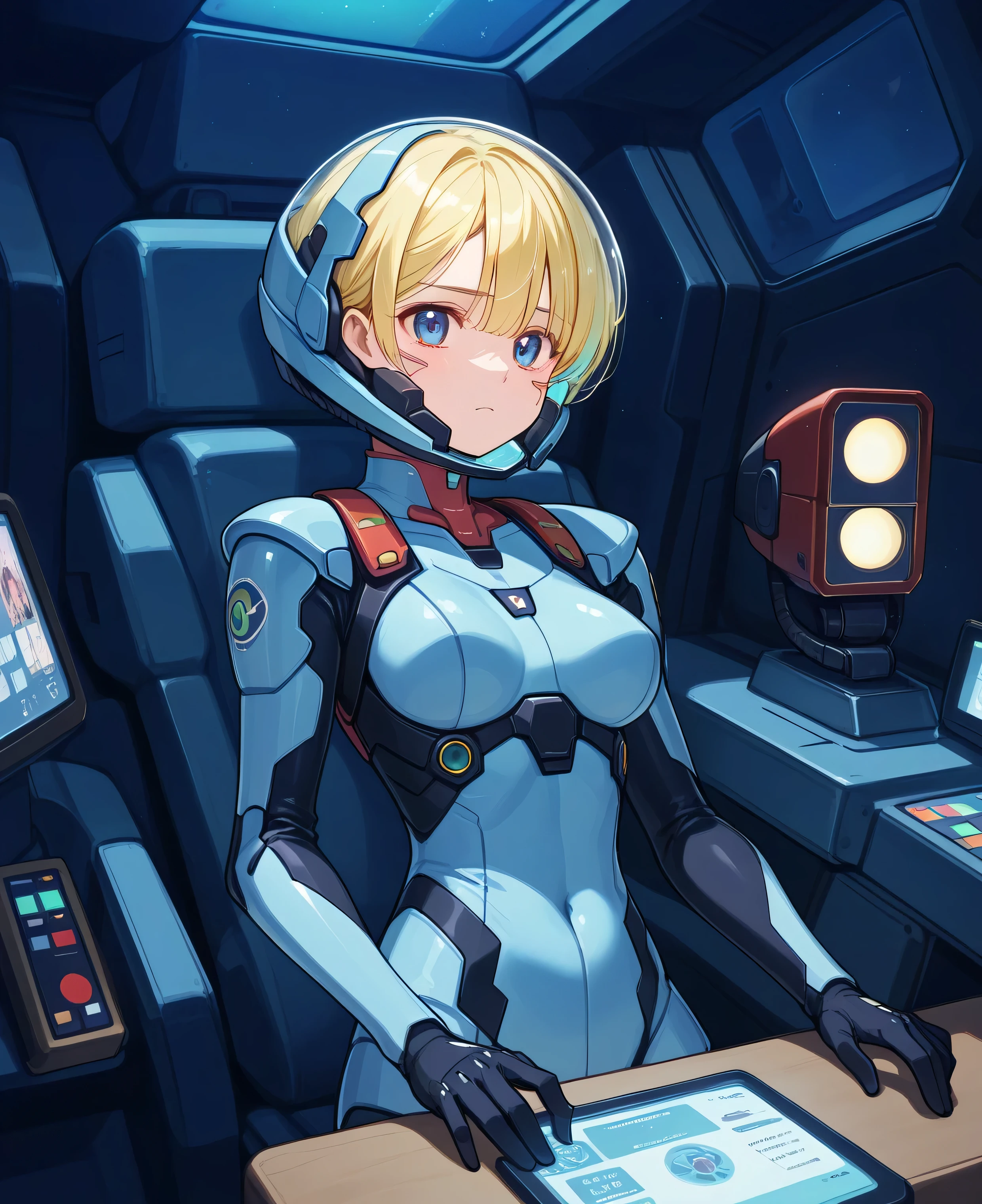 ((Holographic Glow Effect))、 Gundam Wing Cockpit, Lantern、masterpiece、Highest quality、1 person、medium bust、((Album Cover))、Light on Face、slender body、white and blue pilot suit with enamel finish、 elbow length gloves 、long hard boots 、exoskeleton、Metal Gear、cyberpunk style、Gundam Pilot、attention arousal、 bubble helmet 、 space helmet, muvluv, space helm, eva helm,Transparent face guard,Complex and precise instruments