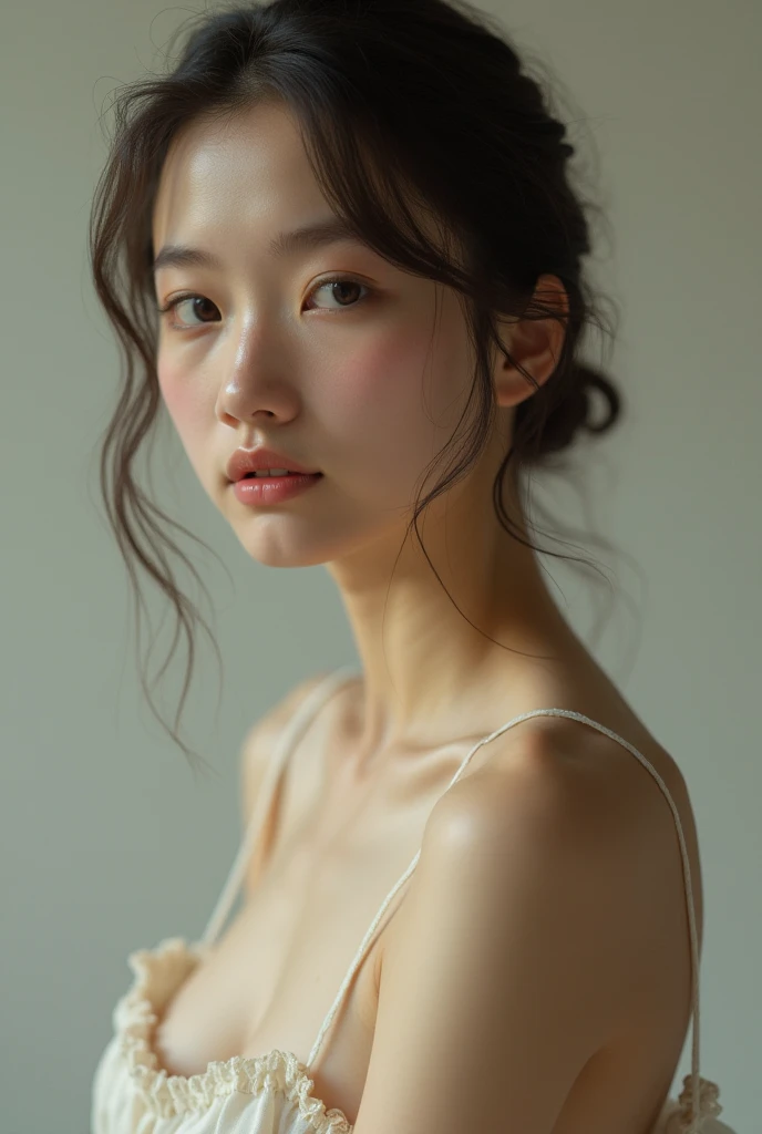 An elegantly dressed Japanese woman in natural light、A close-up of her chest and calm expression.、It shows her inner peace and outer charm.。