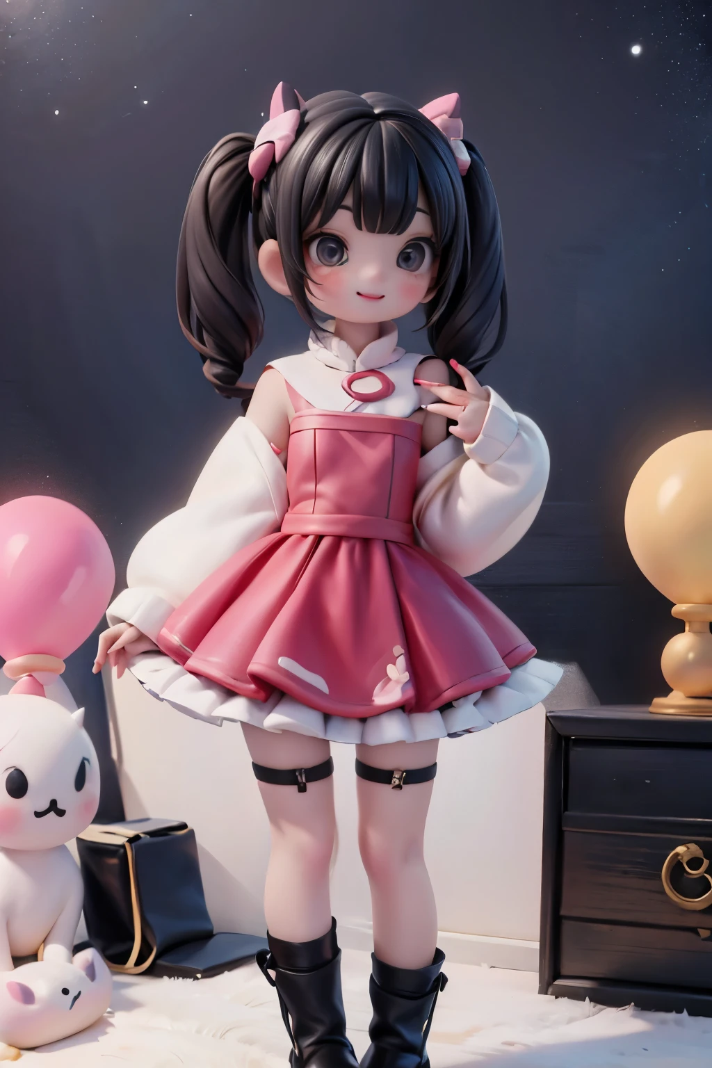 A whimsical night scene unfolds as a young girl with striking red locks and horns beams brightly, blowing up a heart-shaped balloon. Her intricate hairstyle is adorned with hairbows, while her makeup boasts smoky red eyes, rosy cheeks, and luscious lips. She wears a ravishing red dress with matching sleeves and hosiery, paired with white ankle strap patent leather pumps. Framed from below, the focus shifts to her captivating footwear as she stands in a dynamic low-angle shot, surrounded by an enchanting atmosphere of magic.