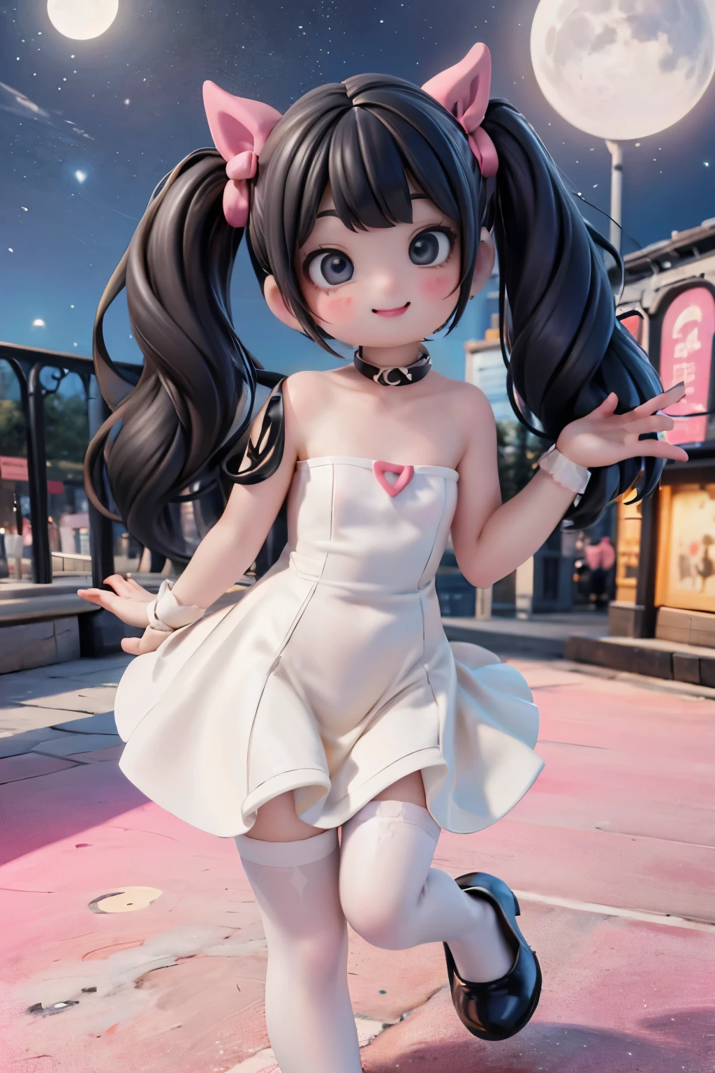 a cute horned plump girl smiling, black hair, large hair, hairbows, intrincate salon hairstyle, red makeup, red smokey eyes makeup, blush, red strapless dress, rubi earrings, (((white patent leather pumps))), (((white hosiery))), blowing a kiss, nighttime, moon at backgorund, string lights, amusement park at night, ((dynamic angle)), low angle, angle from below, focus footwear. Plump loli
