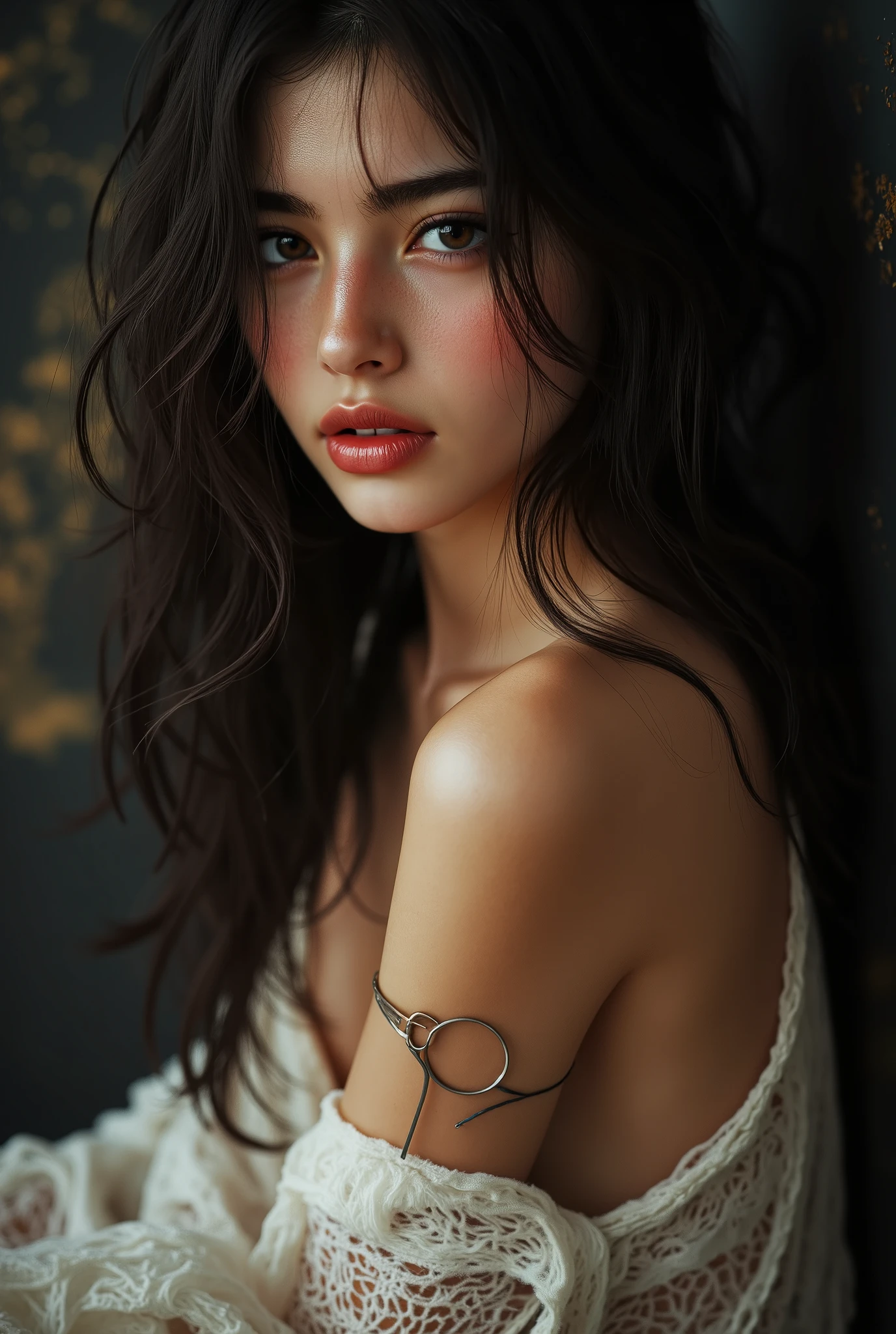 (Photorealistic realism 16K quality), ((ultra insanel quality, professional digital art)), ((focus on extremely Realistic Proportion Body, Anatomically Correct:1.2)), Beautiful Girl, ultra details, UHD, (photorealistic Realism 16K Quality), ultra-detailed, UHD, (ultra absurd quality, extremely detailed detail, hyper resolution, clear sharp focus, not blurry, Realistic brown_eyes:1.35), (perfect dark_eyeshadows),((close-up of here face)), ((view the viewer:1.3)), (extremely beautiful face, beautiful lips, beautiful eyes), intricate detail face, ((ultra detailed skin)), 1girl, in the dark, deep shadow, Very stretchy white (loose pants: 1.3), without bikini, ((white, (translucent), airy pants)), (Top with a deep neckline),(firm and full breasts:1.25), connected with ((o-ring: 1.3)), (Glamour, paparazzi taking pictures of her), ((High Contrast)), long legs, medium ass, ((layer cut: 1.3)), ((no_Panties)), ((Whitens skin, slim face)), slim belly: 1.2, (well-muscled body:1.32), The attention to detail, Double eyelids, (Erotic:1.3), satisfaction smile, gorgeous appearance, electrifying appearance, (Dynamic pose: 1.2), (((sharp focus))), ((very intricate detailed designs of high fashion outfit:1.4)), NVIDIA RTX,The ultra-Highres,Unreal 5,Subsurface scattering,PBR Texturing,Post-Processing,Anisotropic Filtering,depth of fields,Maximum Sharpness and Sharpness,multi-layered texture,Albedo and Specular maps,Surface Shading,Precise simulation of light-material interactions,perfectly proportions,Octane rendering,Two-tone illumination,Wide Aperture, low ISO, white balance, The rule of thirds, 8K RAW,