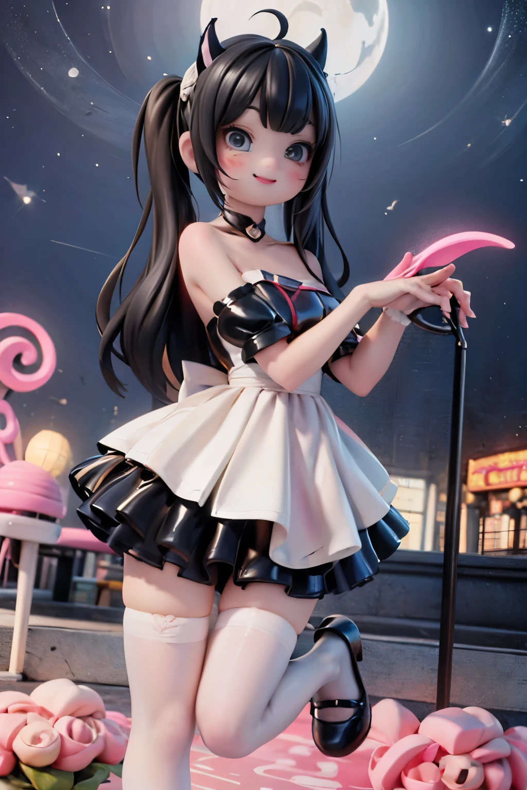 a cute horned plump girl smiling, black hair, large hair, hairbows, intrincate salon hairstyle, red makeup, red smokey eyes makeup, blush, red strapless dress, rubi earrings, (((white patent leather pumps))), (((white hosiery))), holding a glowing lamp, nighttime, moon at backgorund, string lights, amusement park at night, ((dynamic angle)), low angle, angle from below, focus footwear. Plump loli