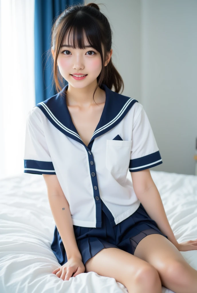 Realistic photos of Japanese  high school, Please wear your uniform correctly, Summer short-sleeved sailor uniform, Red ribbon，Navy blue short skirt, Her Room，Raise one hand，Bob or short cut，Sensual face，Realistic white thin skin，Young and beautiful face，I&#39;m blushing a little，She is sitting on the bed with one knee raised, her tiny white panties clearly visible，Her panties are digging into her pussy, The shape of her vagina is visible through the crotch of her panties.，The crotch of the panties is wet and dirty，Attractive thighs，There&#39;s a lot of semen on my thighs，Slightly larger breasts，She watches porn videos and masturbates every day., I have no experience with men, I want to have sex quickly, I have a rape wish，Excessive sweat on the forehead