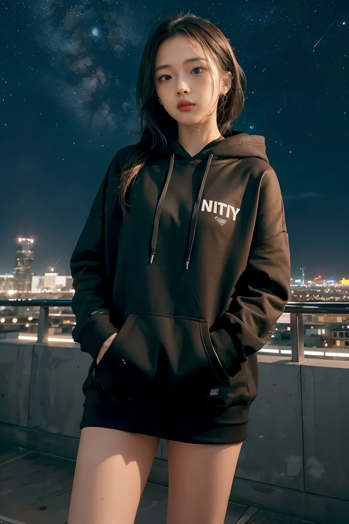 1girl,highres, high quality, masterpiece,black hoodie, white short, rooftop with city light in the background, starry night,
