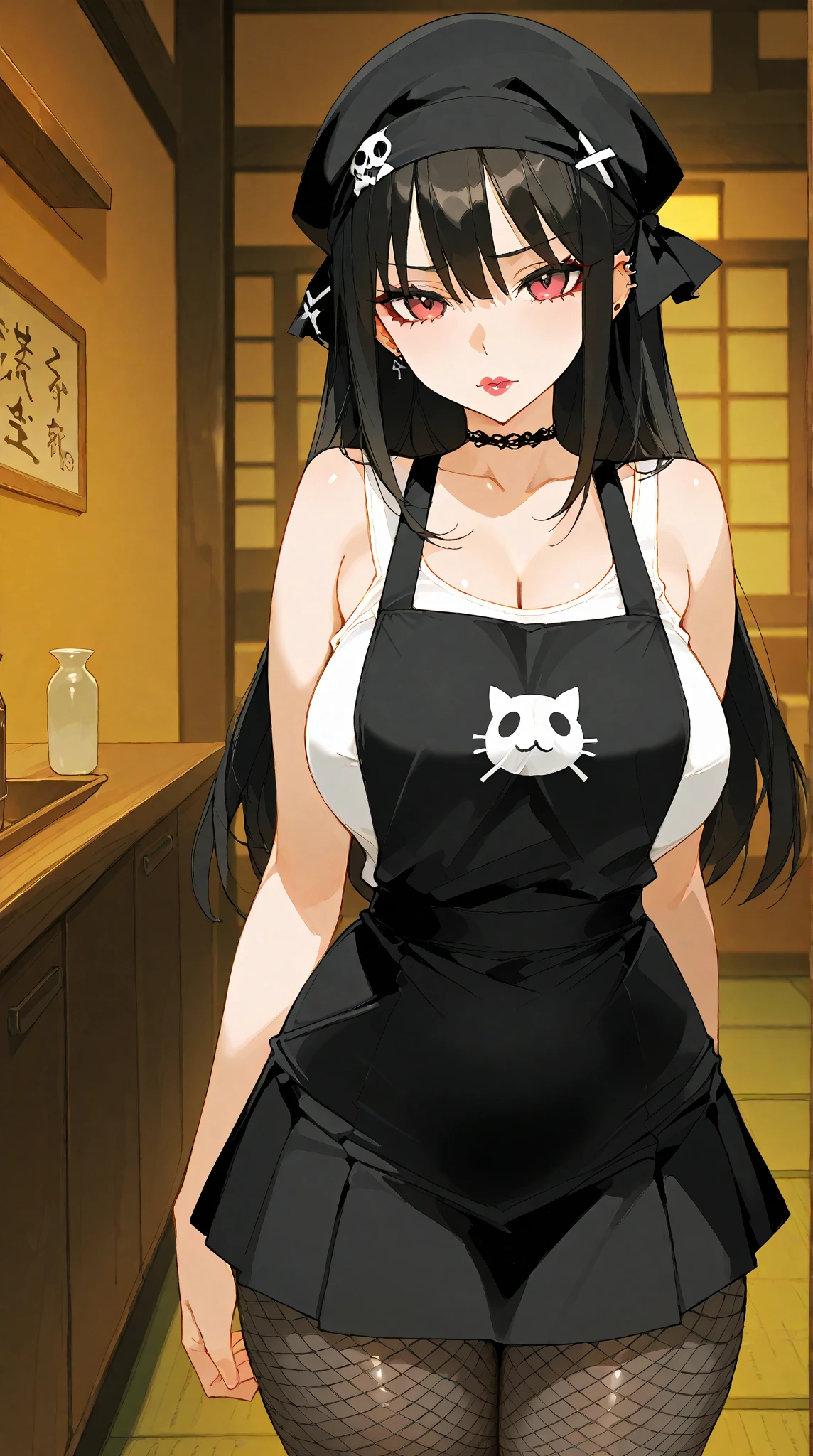 InuzukaTsume, huge_breasts, standing, solo, facial_tattoo, white_apron,, masterpiece, best_quality, detailed_face, detailed_eyes, highres, beautiful, detailed, absurdres,