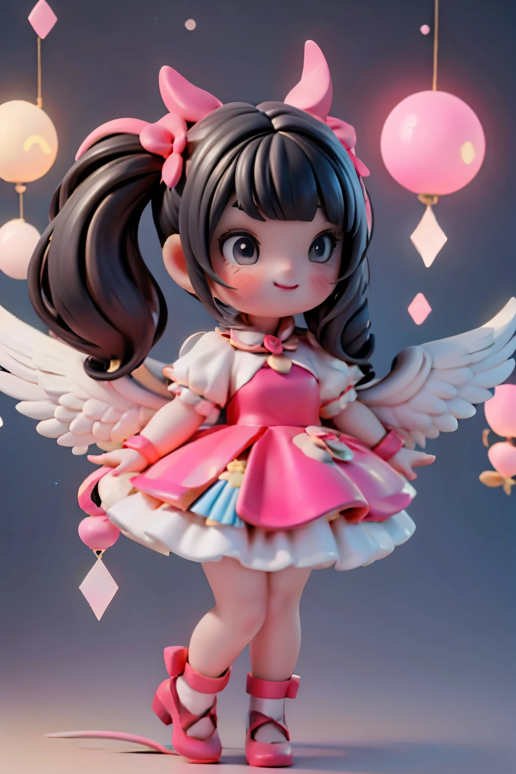 A plump winged girl with black hair adorned with intricate salon styling and large hair bows, beams a bright smile beneath red makeup, including smokey eyes and blush. She wears a vibrant red dress and sparkly ruby earrings. Her feet are showcased in white patent leather pumps and hosiery as she stands before a glowing lamp at nighttime. The moon glows in the background, surrounded by twinkling string lights of an amusement park. The camera captures her from a low angle, looking up at her dynamic pose, focusing on her captivating footwear.