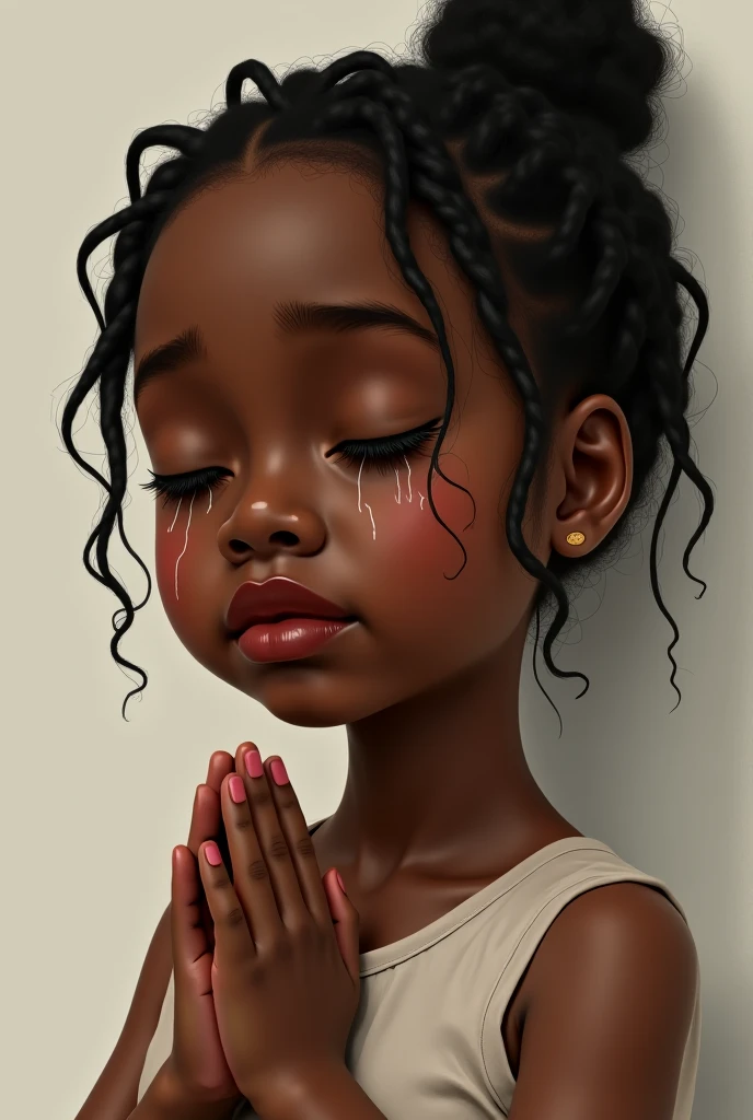 (Modelshoot style), A concentrated little black girl with closed eyes, homeless hands together praying ((wearing a torn old outfit)), (hopeful), 1girl, solo, black hair and curly and messy, very detailed face, [skinny], adorable, with bright rosy cheeks, (Rembrandt Lighting), zeiss lens, ultra realistic, (highly detailed skin: 1.2), 8k uhd, dslr, Dramatic Rim light, high quality, Fujifilm XT3,