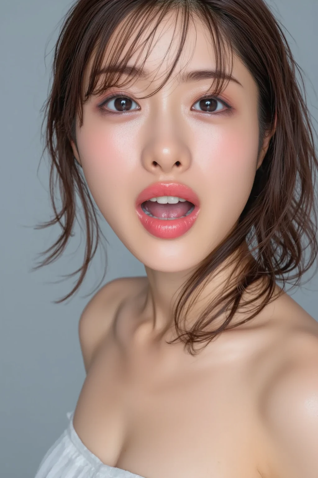 1girl in, Ultra detailed skin, Look, Brown eyes, (Short shoulder-length hair and bangs: 1.2), (Photorealistic: 1.4), (Best Quality: 2.0), (Ultra High Resolution: 1.0), 8K, Raw photography, (masutepiece: 1.5), (pureerosface_v1:1.5), a red bra, Satin fabric, Big eyes, Big breasts, Dynamic lighting, Bedroom, Wet and shiny skin, drooing eyes, Glossy lipstick, White and beautiful skin, Sweaty and wet, [Sexual arousal: 1.1], [Lying in bed: 1.5]