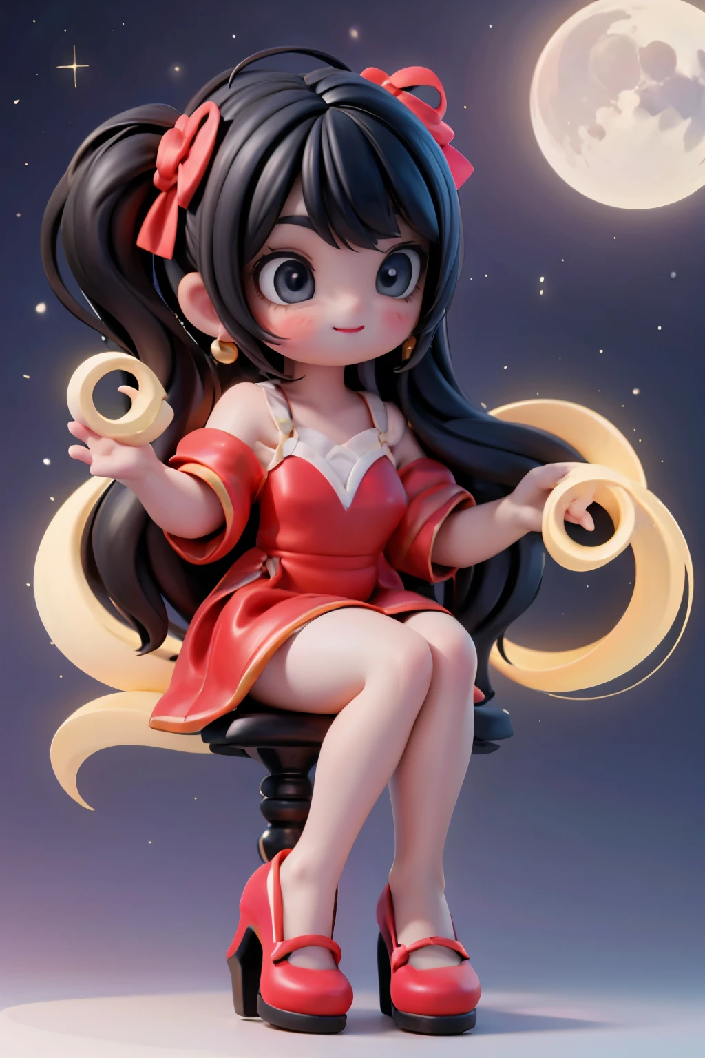 A plump winged girl with black hair adorned with intricate salon styling and large hair bows, beams a bright smile beneath red makeup, including smokey eyes and blush. She wears a vibrant red dress and sparkly ruby earrings. Her feet are showcased in white patent leather pumps and hosiery as she stands before a glowing lamp at nighttime. The moon glows in the background, surrounded by twinkling string lights of an amusement park. The camera captures her from a low angle, looking up at her dynamic pose, focusing on her captivating footwear.