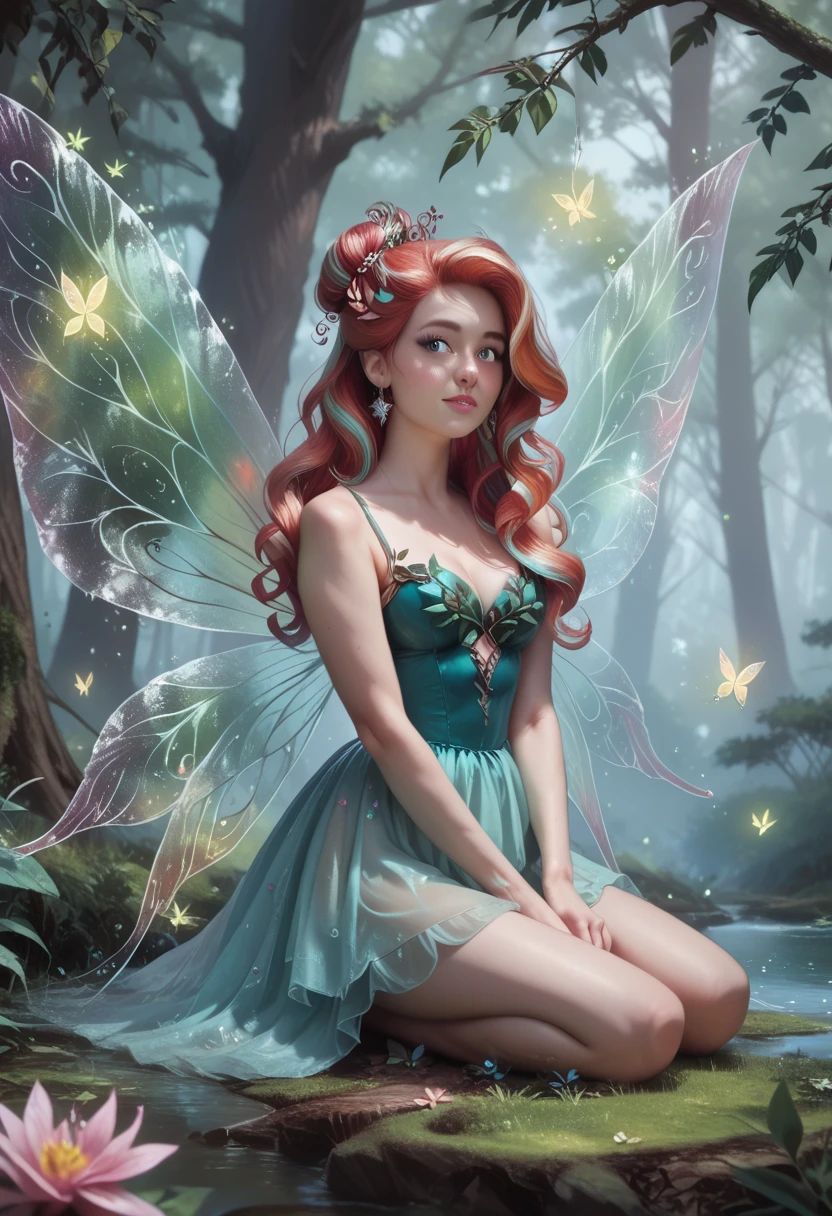 Create a realistic full-body image of a pretty woman with tattoos and lace fairy wings, wearing a Gothic style elegant knee length dress, with fishnet stockings and combat boots, sitting on a moss covered Log(fallen tree), looking at viewer, long wavy auburn hair, expressive eyes,  beautiful features, exquisite design, intricate details, masterpiece art, Dynamic pose, digital illustration, full-length image