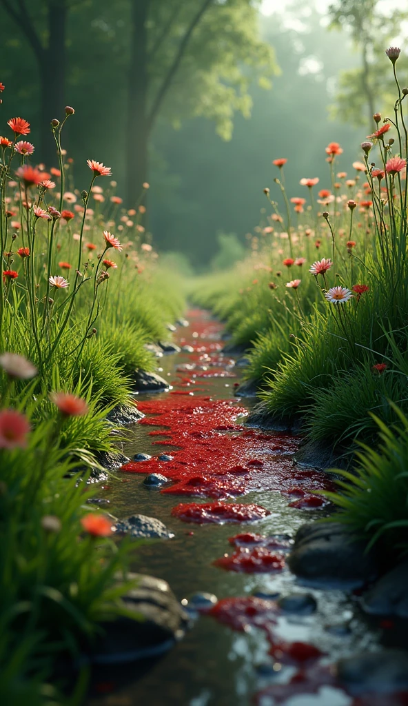 75% quality, 4k hd, 1080×1080 px, clearing with blood on the grass and flowers